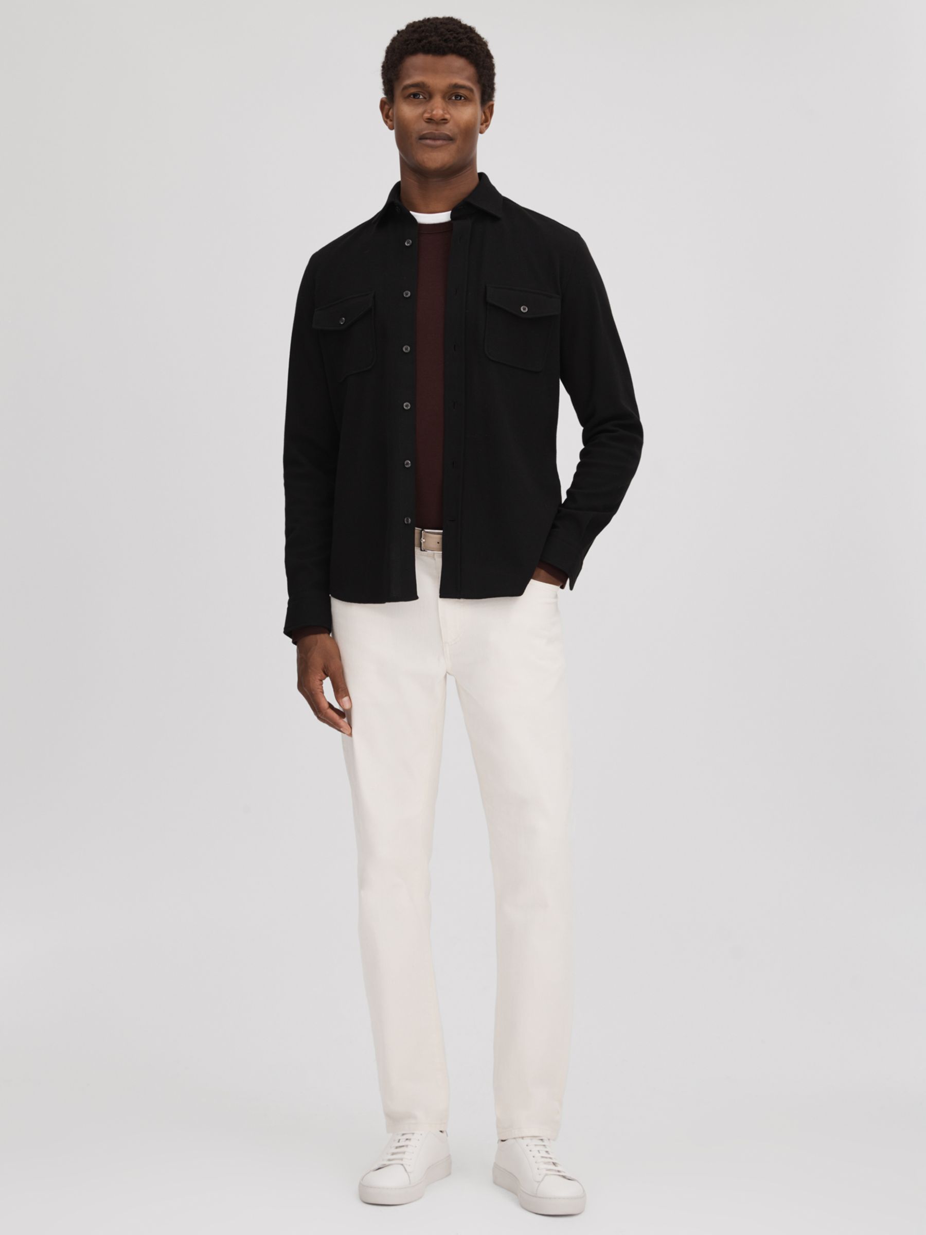 Reiss Ragan Long Sleeve Jersey Textured Shirt, Black, XS