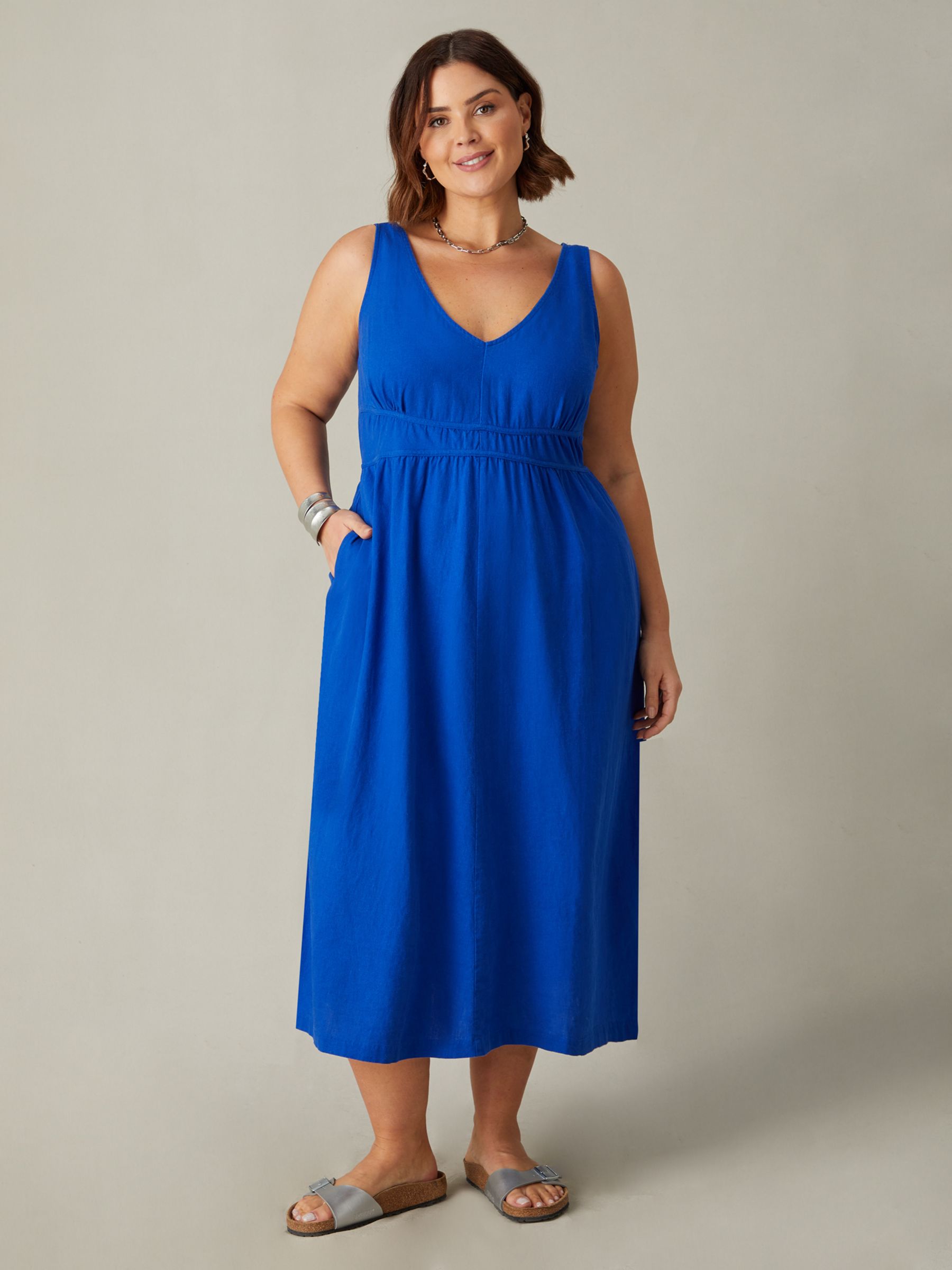 Live Unlimited Curve Linen Blend V-Neck Midi Dress, Blue, 12