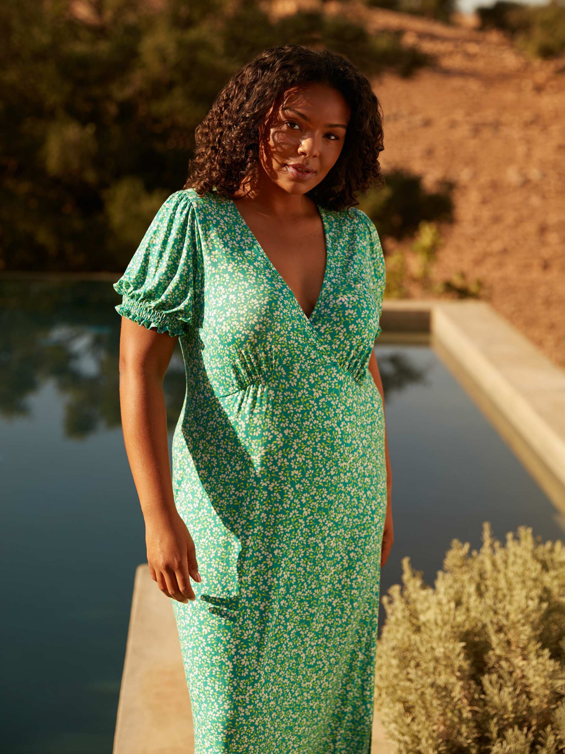 Buy Live Unlimited Curve Ditsy Jersey Shirred Cuff Maxi Dress, Green Online at johnlewis.com