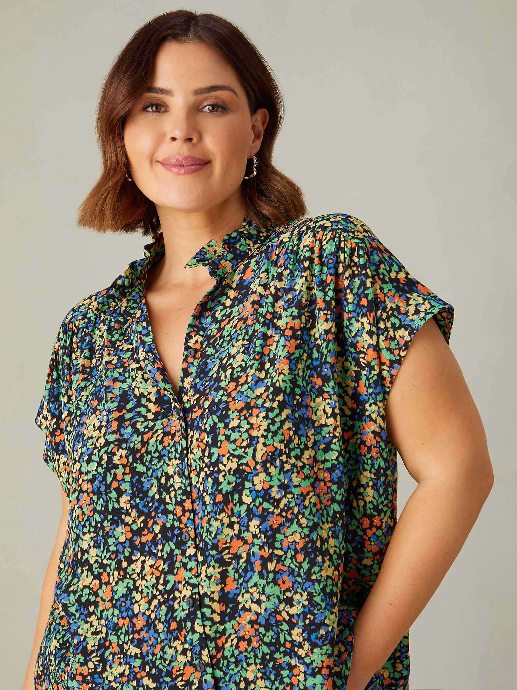 Buy Live Unlimited Curve Ditsy Frill Collar Sleeveless Blouse, Black/Multi Online at johnlewis.com