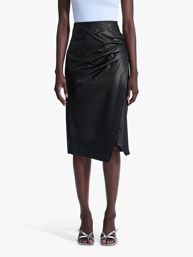 James Lakeland Faux Leather Ruched Midi Skirt, Black