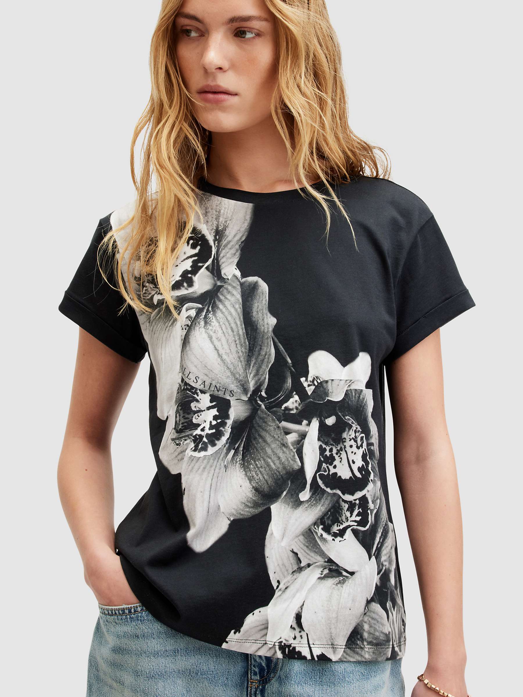 Buy AllSaints Eulo Anna Orchid Print T-Shirt, Black/White Online at johnlewis.com