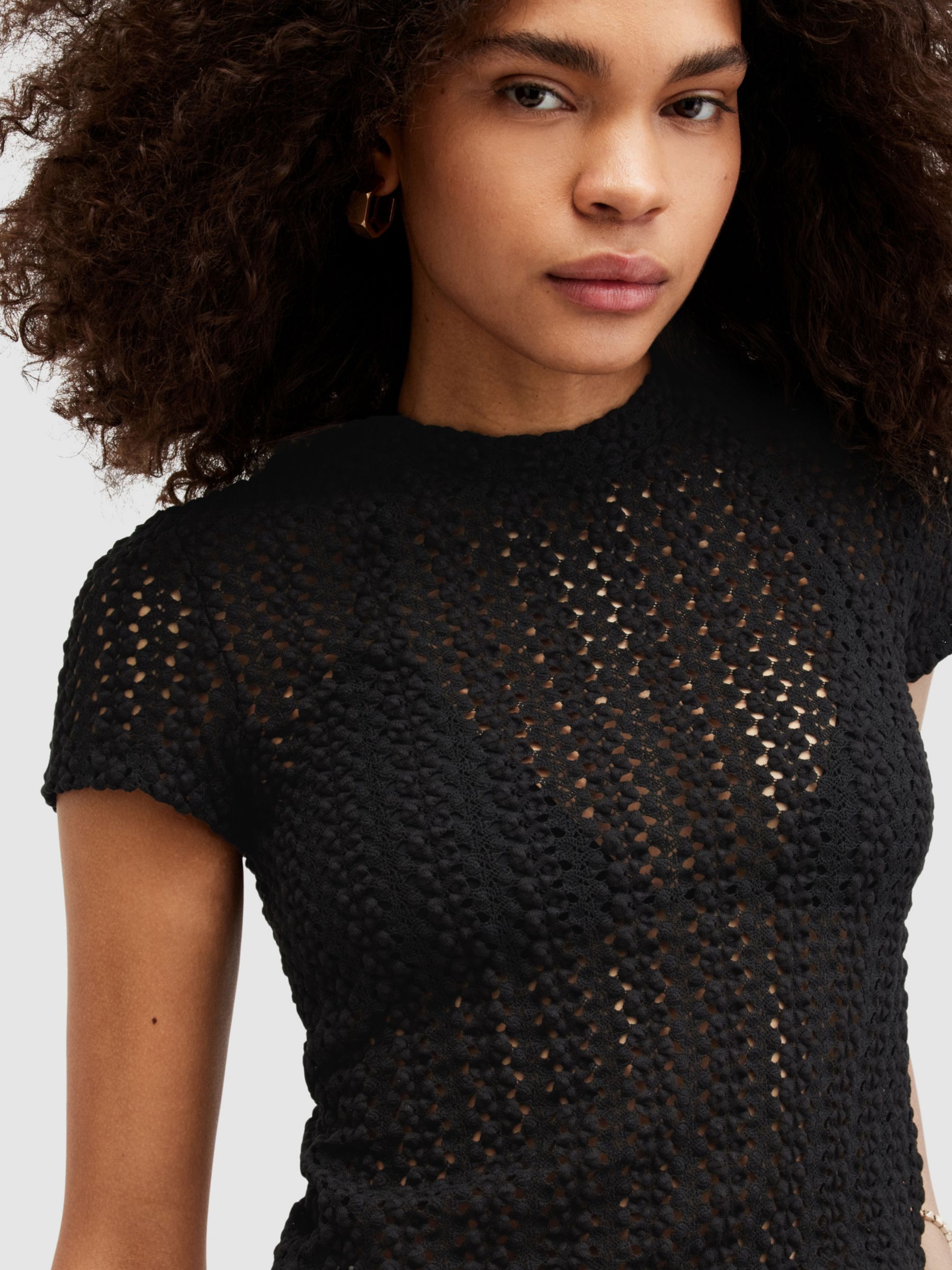 AllSaints Karma Stevie Crochet Style T-Shirt, Black, 10