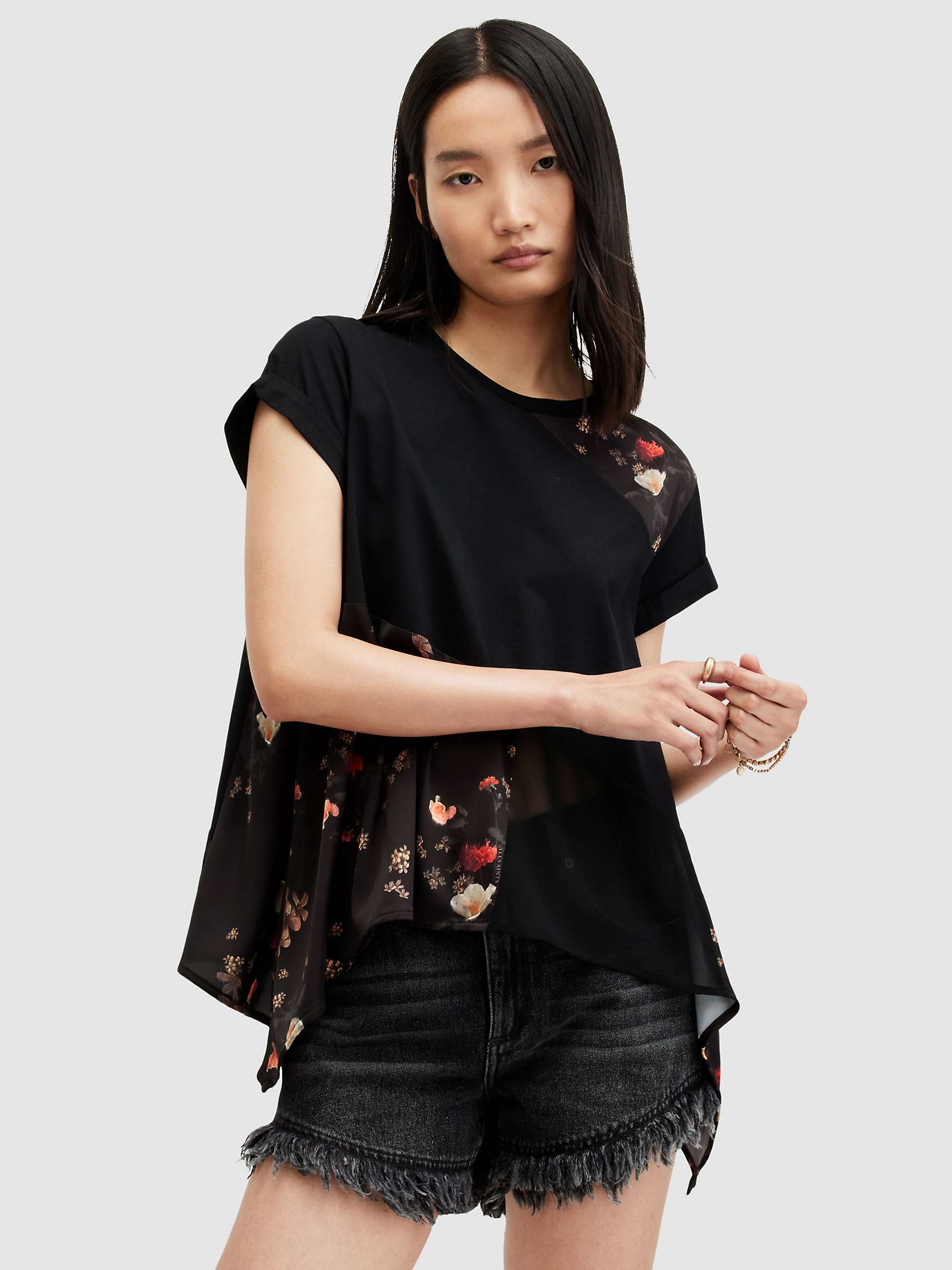 Buy AllSaints Zala Iona Asymmetric Hem Floral Cotton Top, Black Online at johnlewis.com