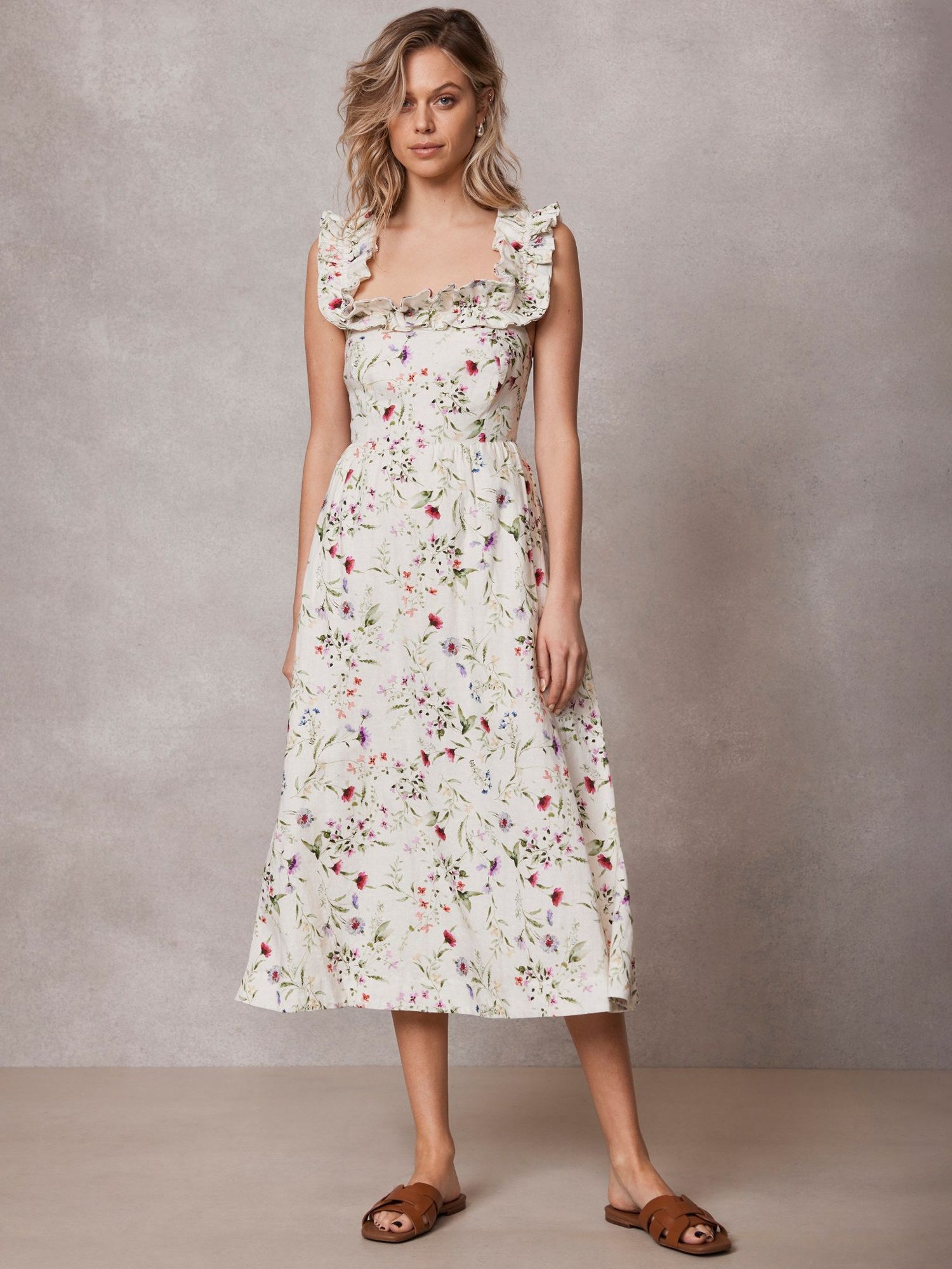 Mint Velvet Floral Print Linen Midi Dress, Cream/Multi, 6