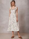 Mint Velvet Floral Print Linen Midi Dress, Cream/Multi
