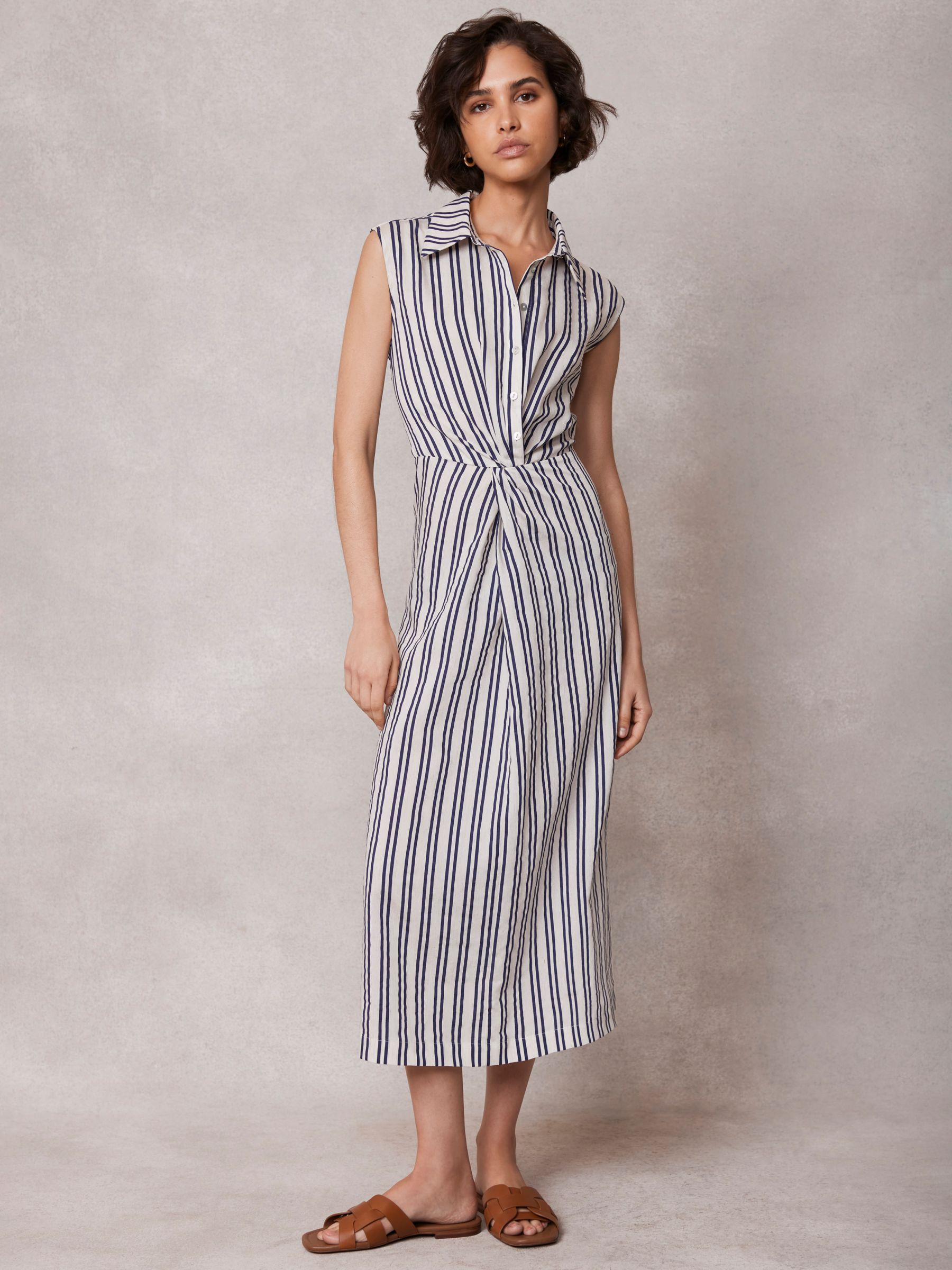 Mint Velvet Stripe Linen Blend Twist Midi Dress, White Ivory/Navy, 6