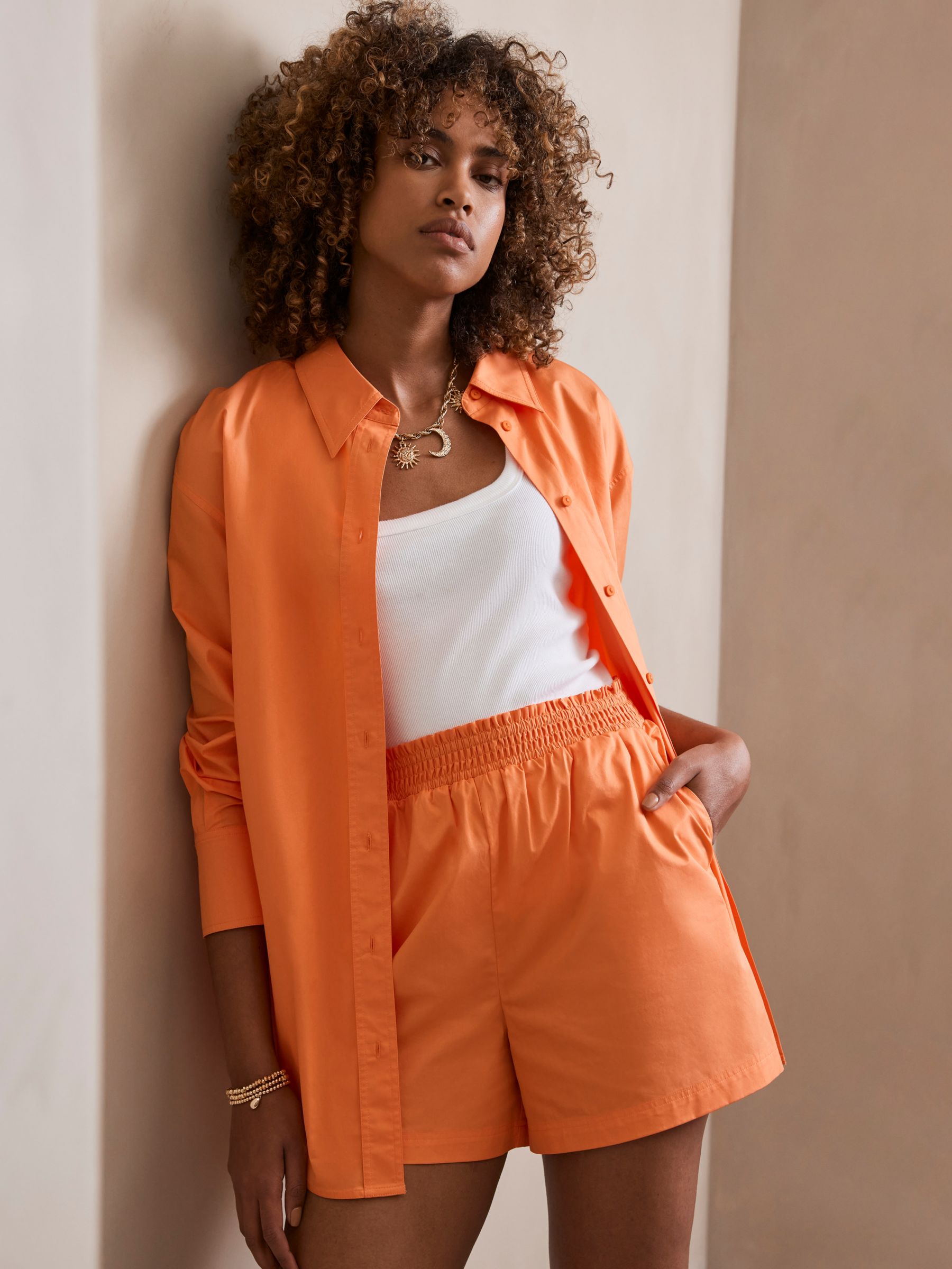 Mint Velvet Cotton Shirt & Shorts Set, Orange, XS