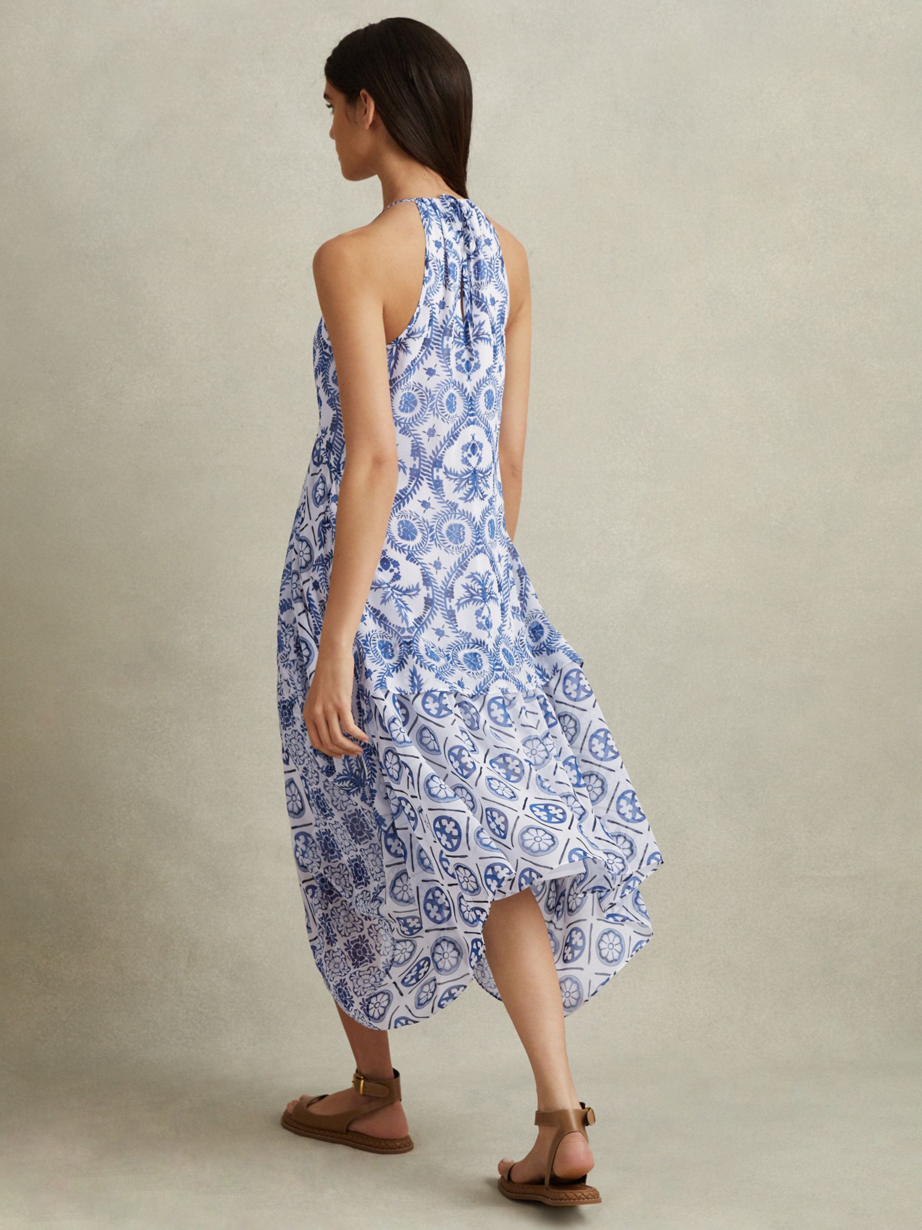 Reiss Petite Tiller Tile Print Halterneck Midi Dress, Blue/White, 6