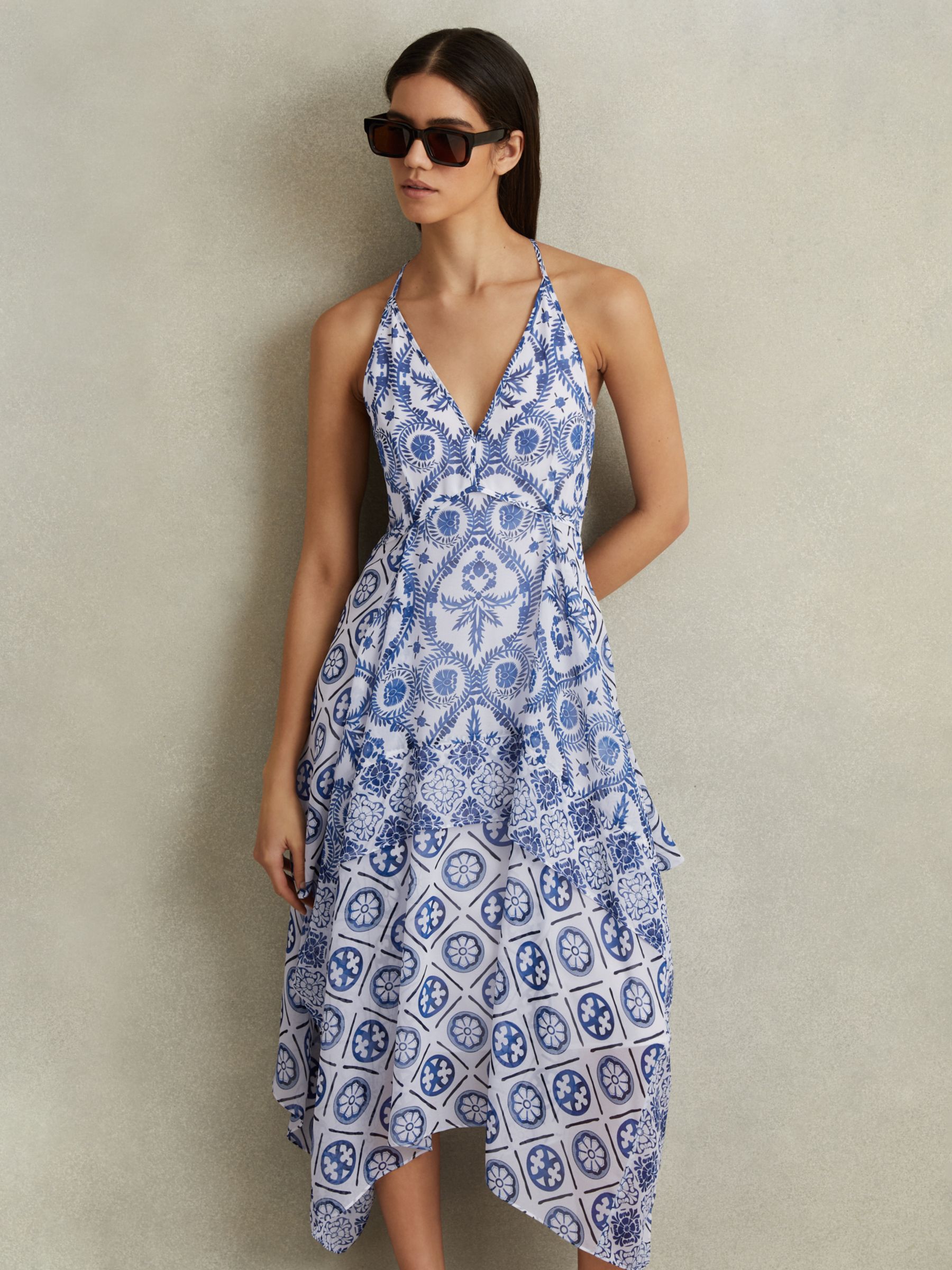 Reiss Petite Tiller Tile Print Halterneck Midi Dress, Blue/White, 6
