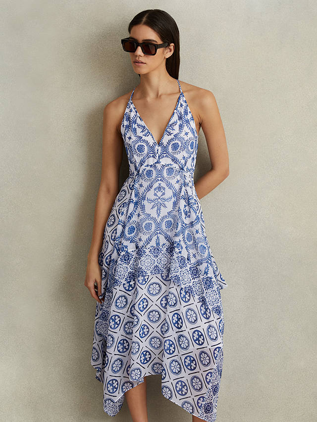 Reiss Petite Tiller Tile Print Halterneck Midi Dress, Blue/White