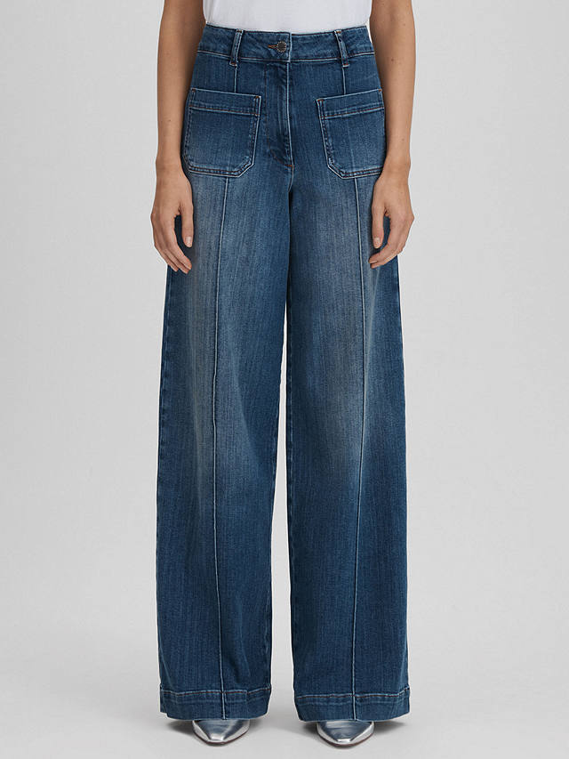 Reiss Kira Wide Leg Seam Detail Jeans, Mid Blue