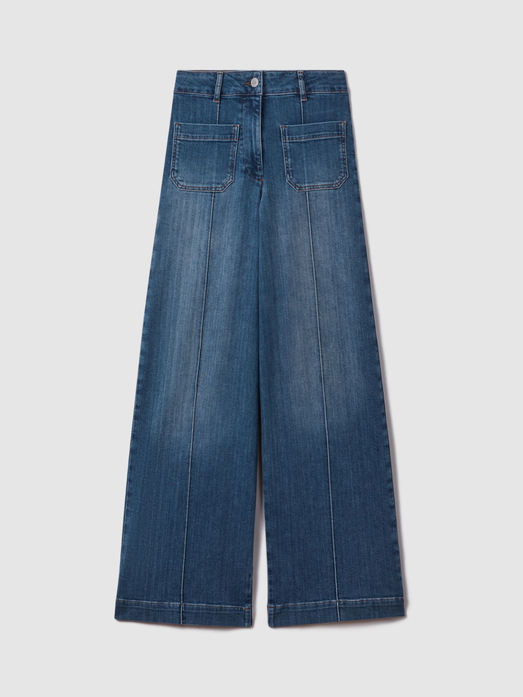 Reiss Kira Wide Leg Seam Detail Jeans, Mid Blue, 24R
