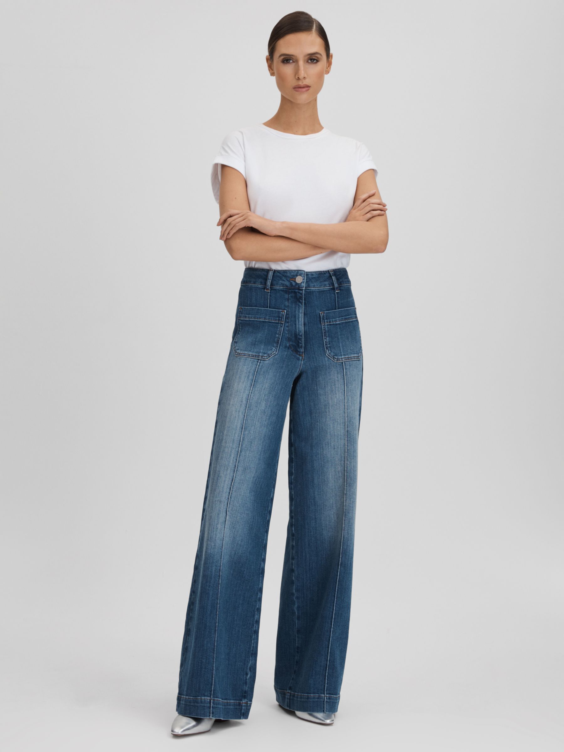 Reiss Kira Wide Leg Seam Detail Jeans, Mid Blue, 24R