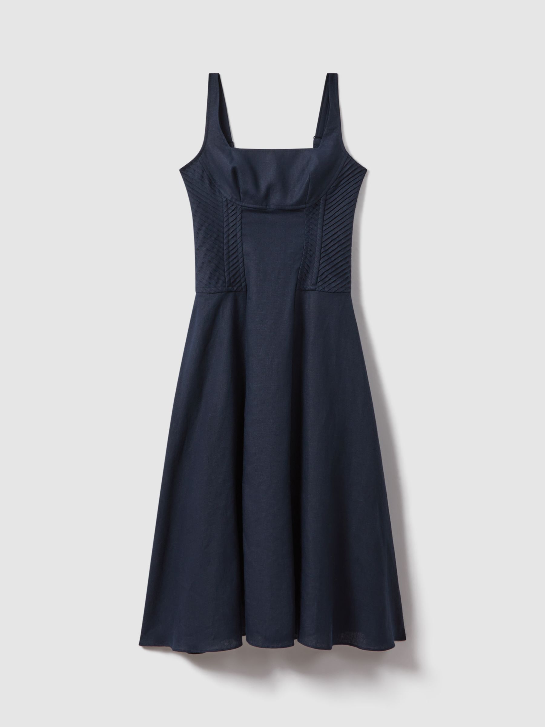Reiss Etta Linen Corset Detail Midi Dress, Navy, 4