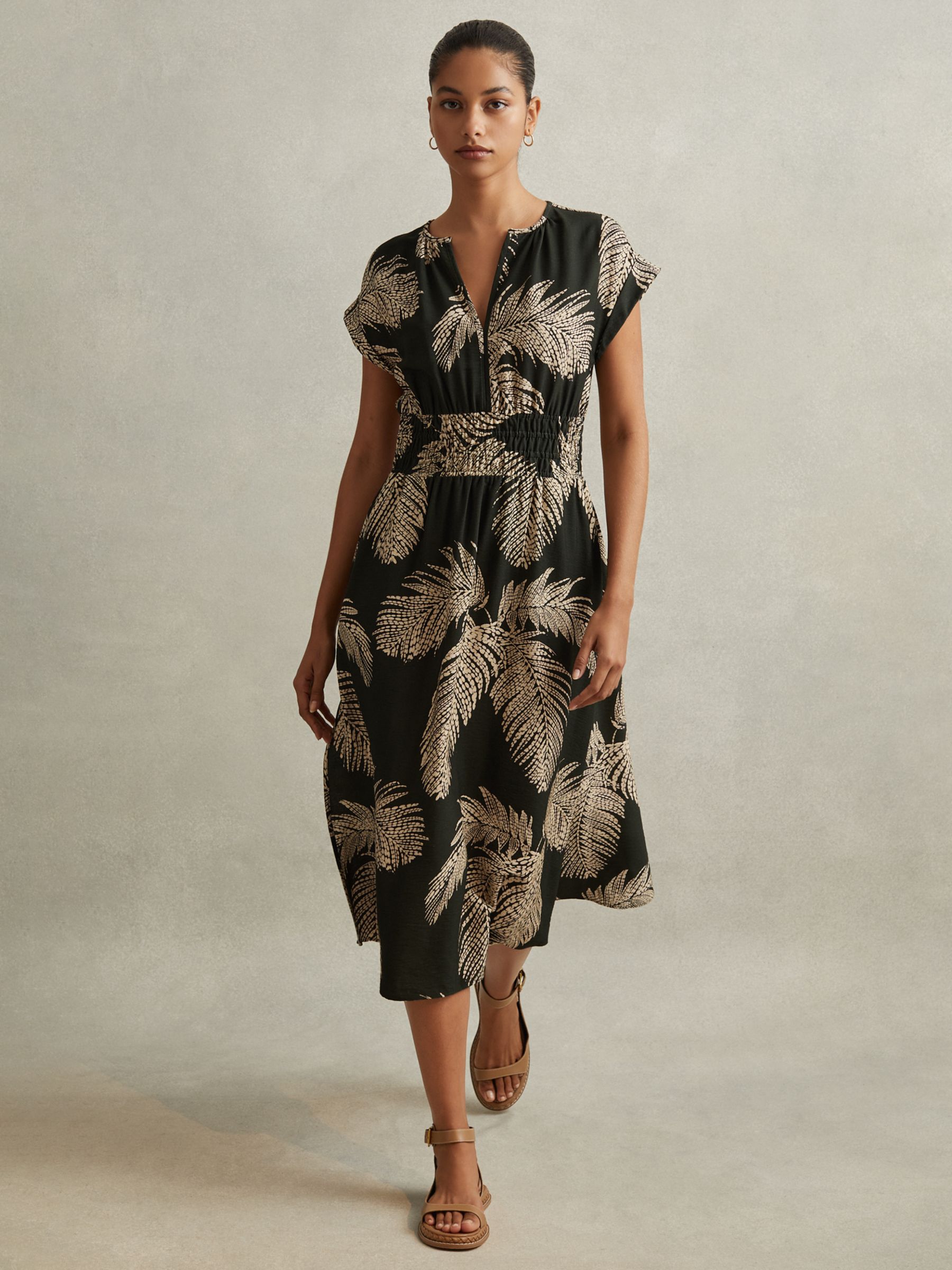 Reiss Colby Tropical Print Elasticated Waist Midi Dress, Khaki/Beige, 4