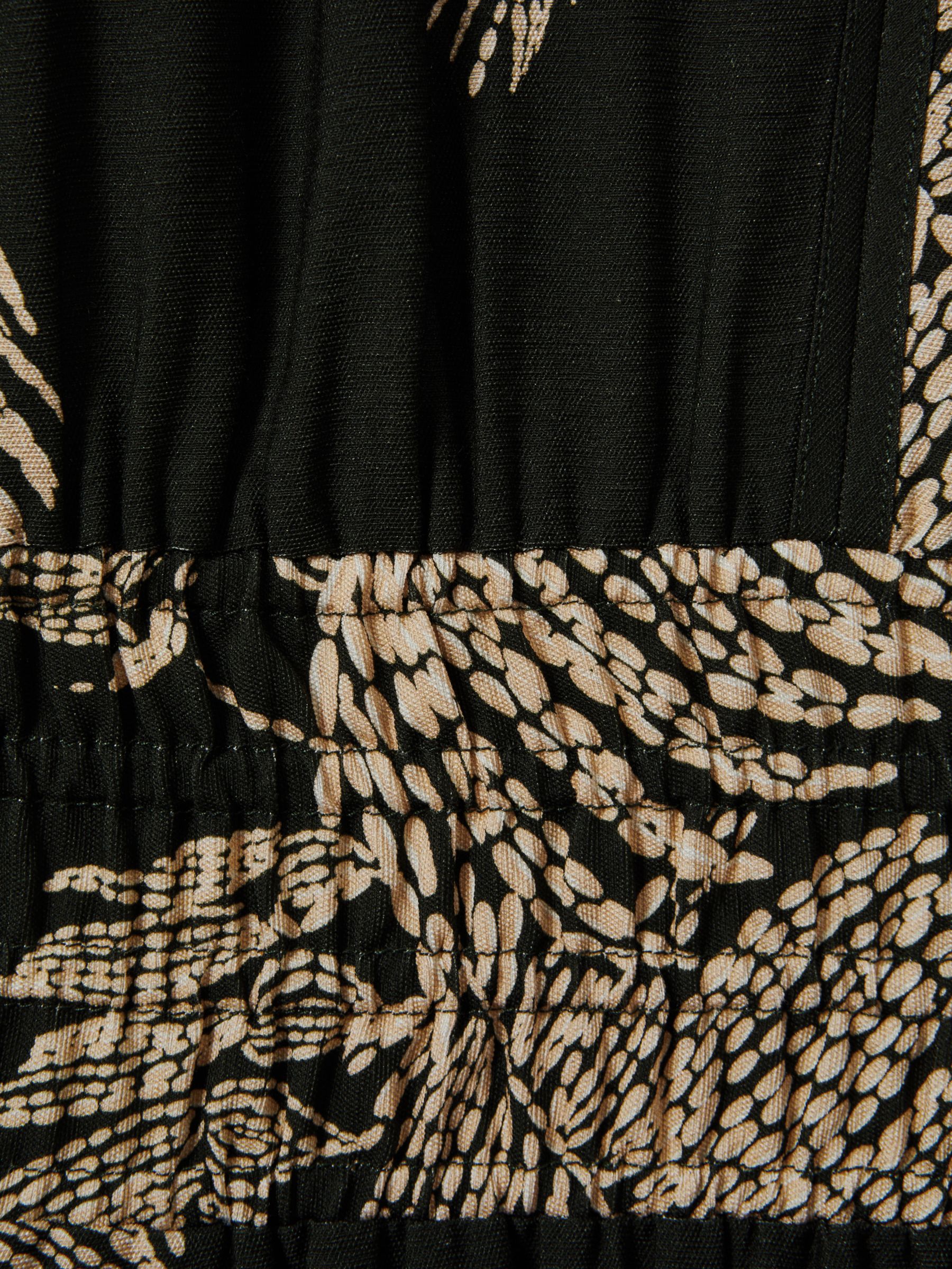 Reiss Colby Tropical Print Elasticated Waist Midi Dress, Khaki/Beige, 4