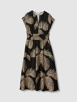 Reiss Colby Tropical Print Elasticated Waist Midi Dress, Khaki/Beige