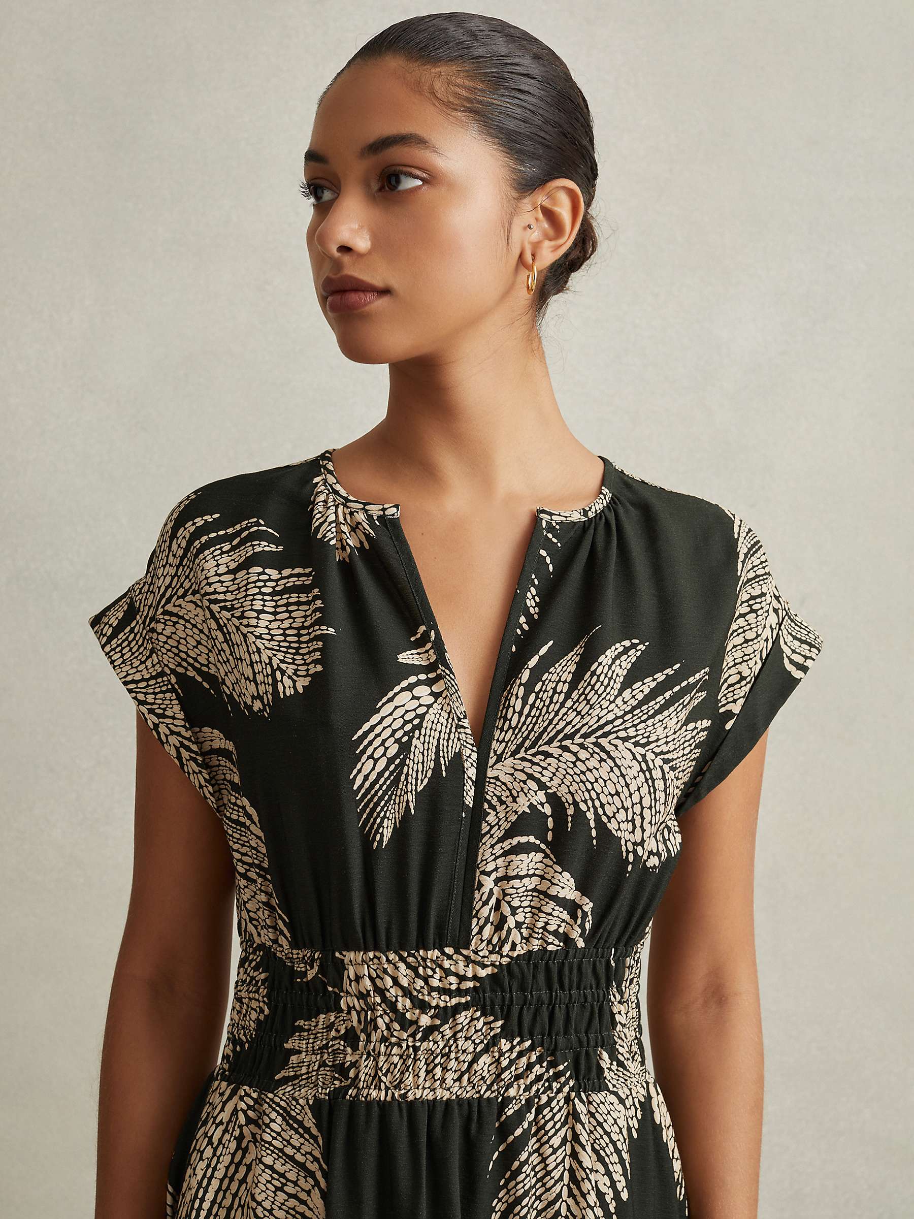 Buy Reiss Colby Tropical Print Elasticated Waist Midi Dress, Khaki/Beige Online at johnlewis.com