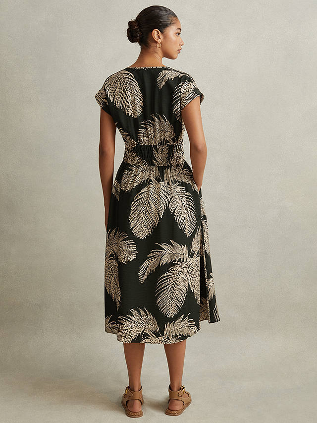 Reiss Colby Tropical Print Elasticated Waist Midi Dress, Khaki/Beige