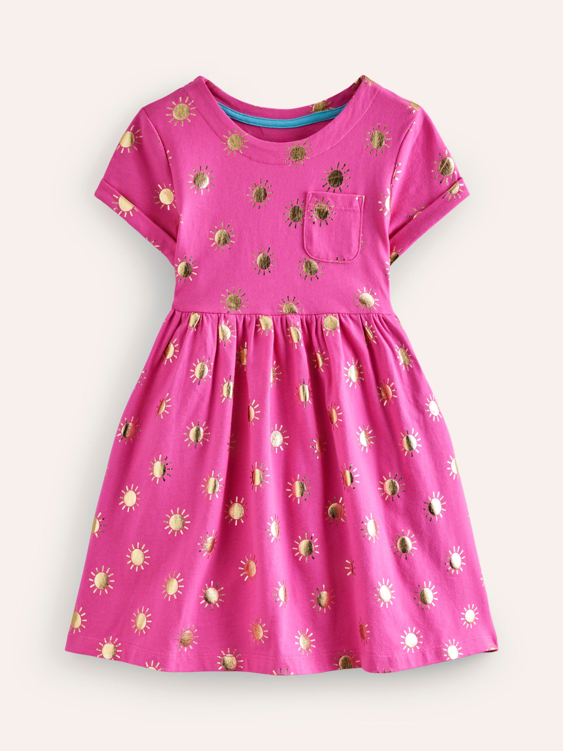 Mini Boden Kids' Suns Short Sleeve Jersey Dress, Pink/Gold, 4-5 years
