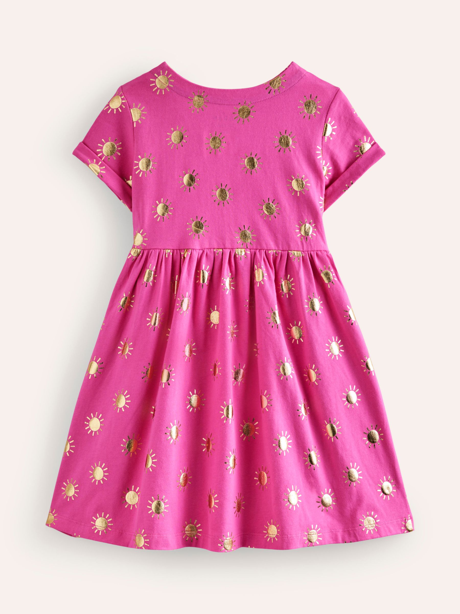 Mini Boden Kids' Suns Short Sleeve Jersey Dress, Pink/Gold, 4-5 years