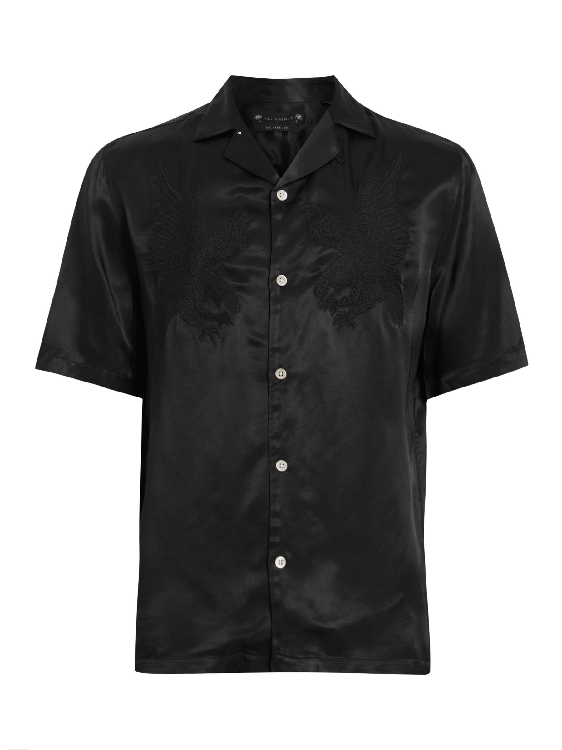 AllSaints Aquila Eagle Embroidered Relaxed Fit Satin Shirt, Jet Black, L