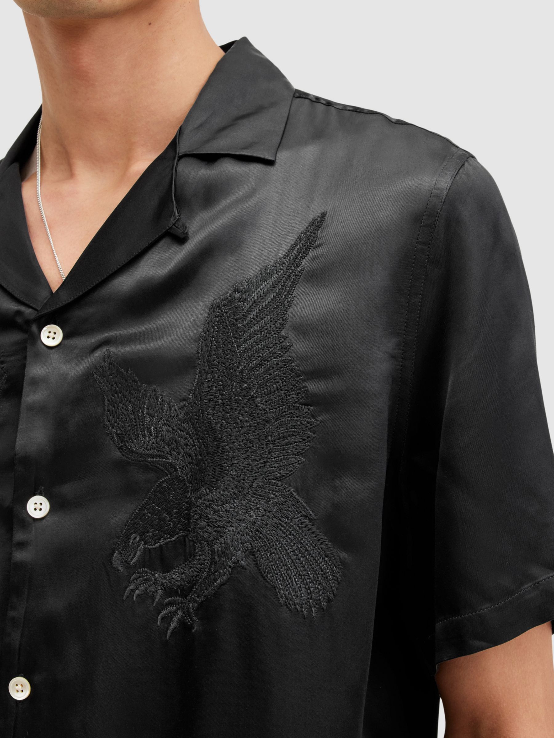 AllSaints Aquila Eagle Embroidered Relaxed Fit Satin Shirt, Jet Black, L