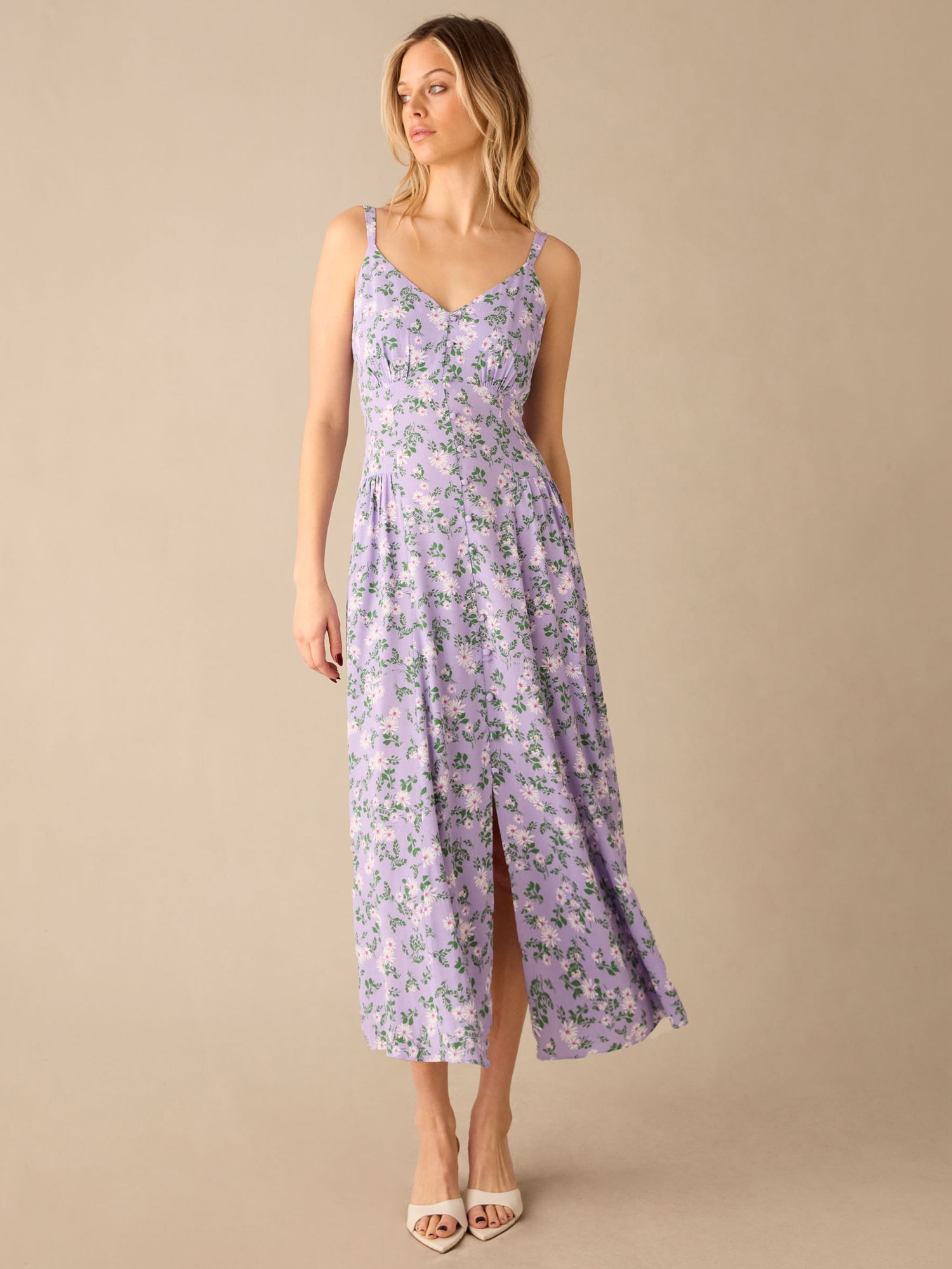 Buy Ro&Zo Ditsy Print Strappy Button Through Maxi Dress, Purple/Multi Online at johnlewis.com