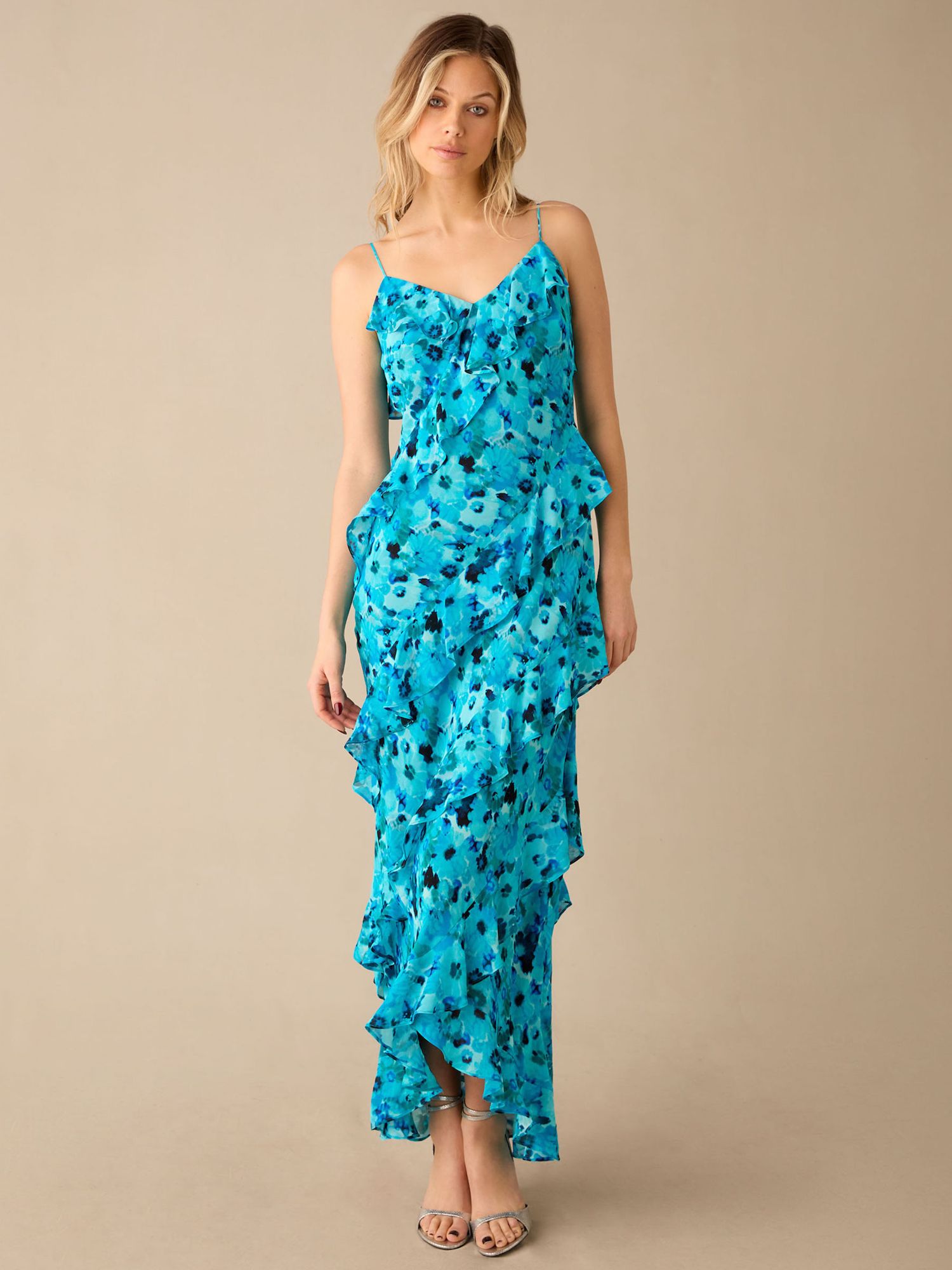 Ro&Zo Kirstee Floral Print Ruffle Cami Maxi Dress, Blue, 6