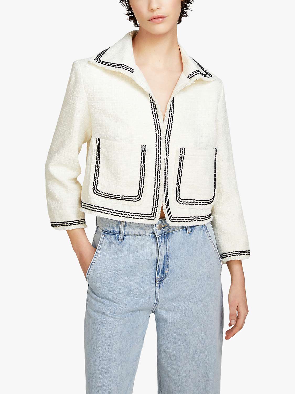 Buy SISLEY Contrast Stitch Frayed Boucle Jacket, Cream/Black Online at johnlewis.com