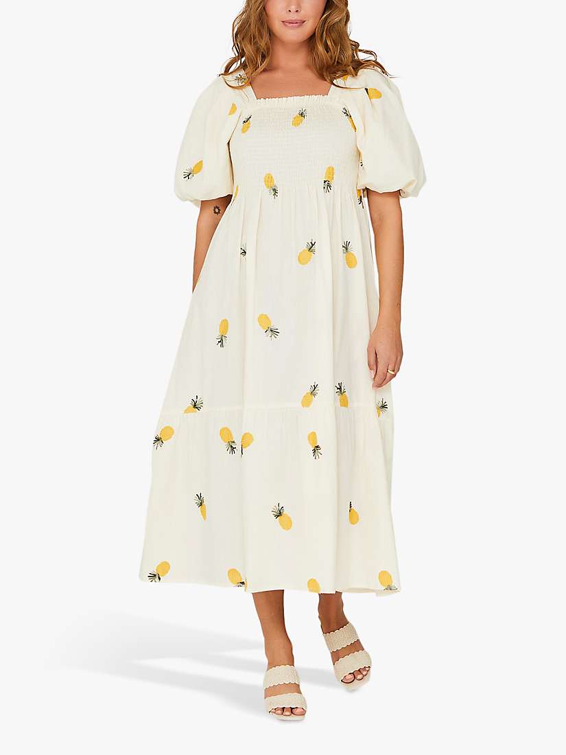 Buy A-VIEW Cheri Pineapple Print Puff Sleeve Midi Cotton Dress, Sand/Yellow Online at johnlewis.com