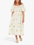 A-VIEW Cheri Pineapple Print Puff Sleeve Midi Cotton Dress, Sand/Yellow