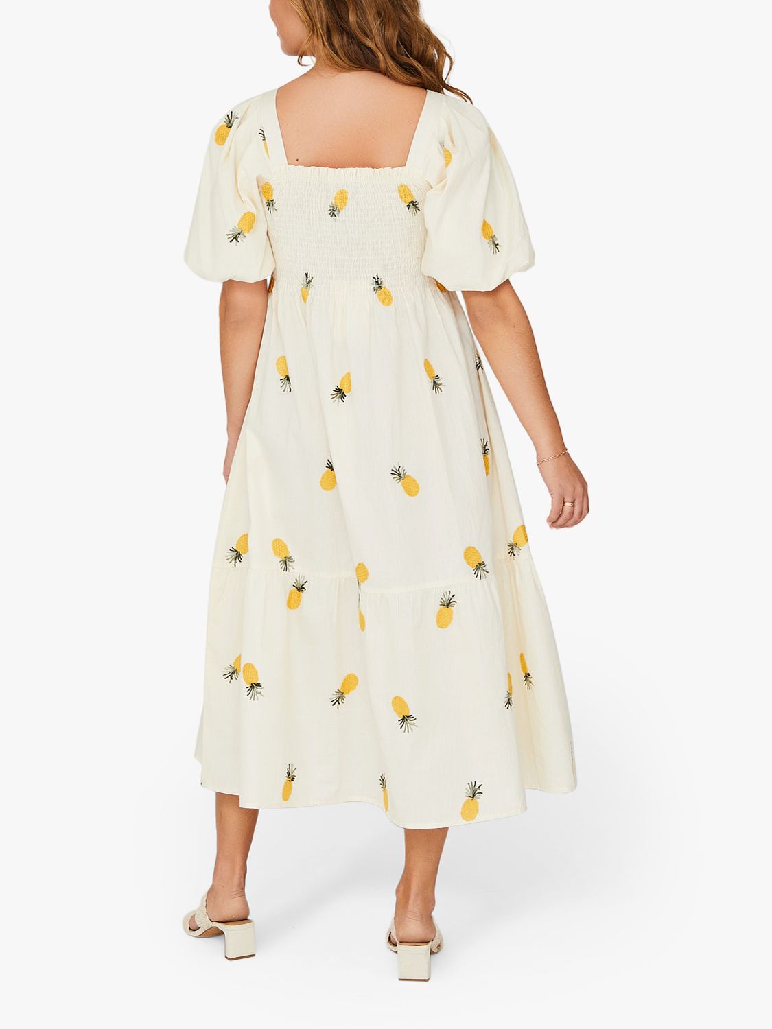 A-VIEW Cheri Pineapple Print Puff Sleeve Midi Cotton Dress, Sand/Yellow, 8