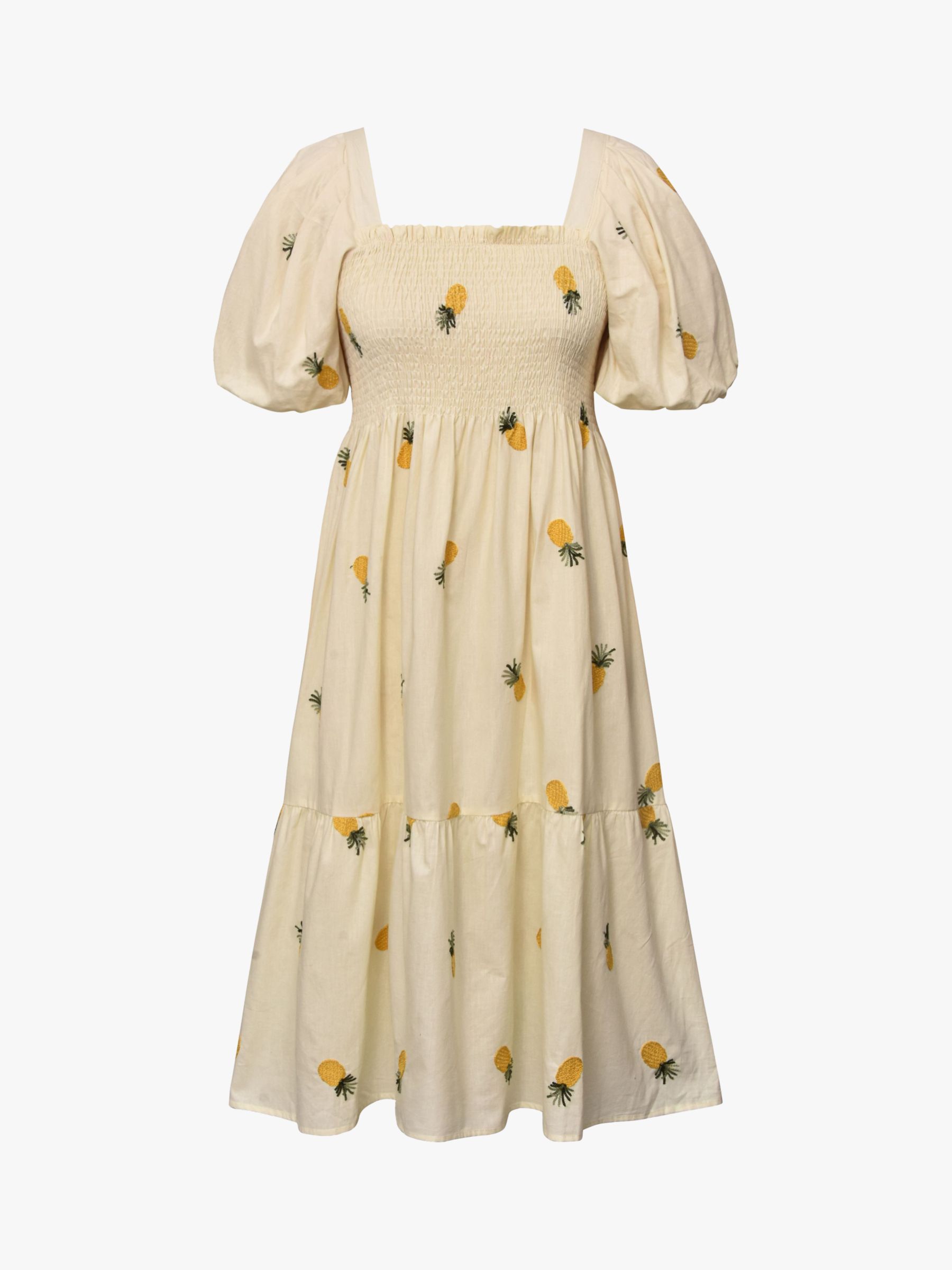 A-VIEW Cheri Pineapple Print Puff Sleeve Midi Cotton Dress, Sand/Yellow, 8