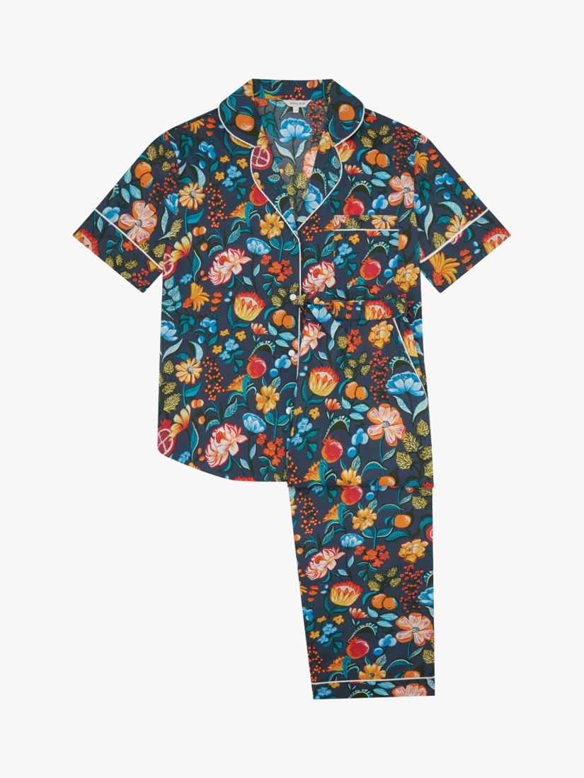 myza Organic Cotton Short Sleeve Pyjama Set, Florals On Navy, XS