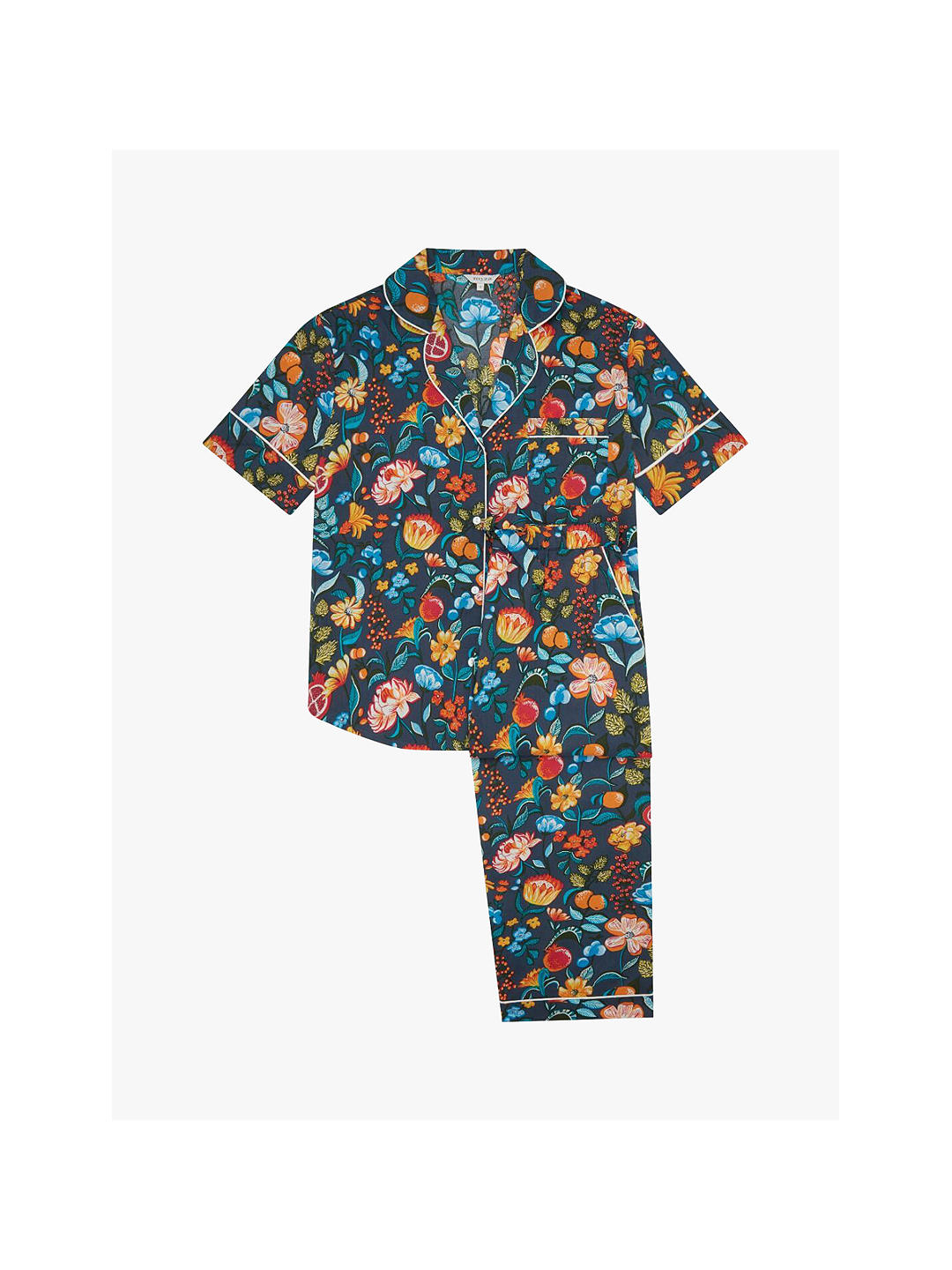 myza Organic Cotton Short Sleeve Pyjama Set, Florals On Navy