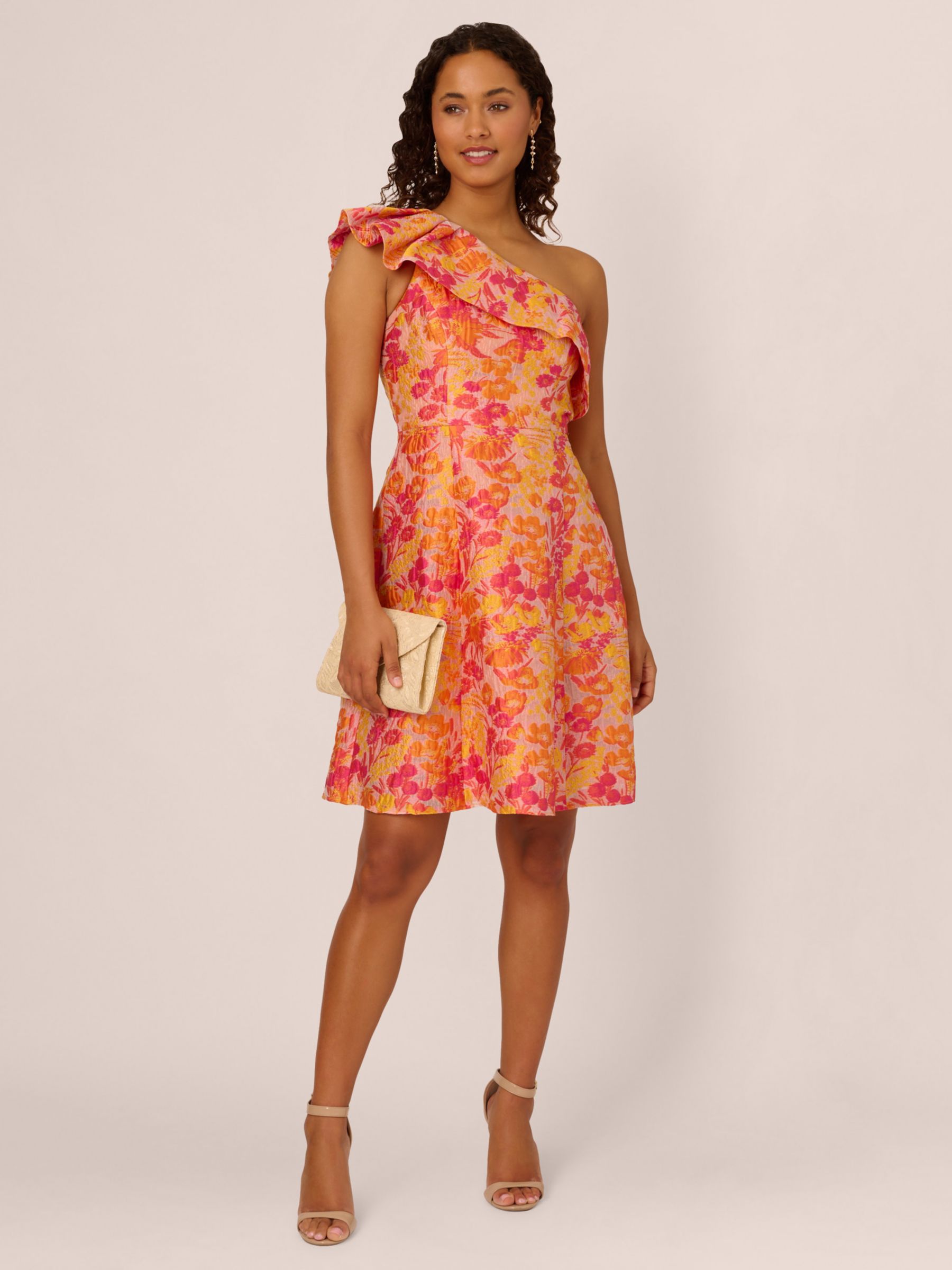 Adrianna Papell Floral Jacquard Asymmetric Dress, Orange, 6