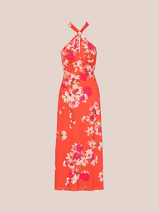 Adrianna Papell Empire Line Halterneck Midi Dress, Orange/Multi