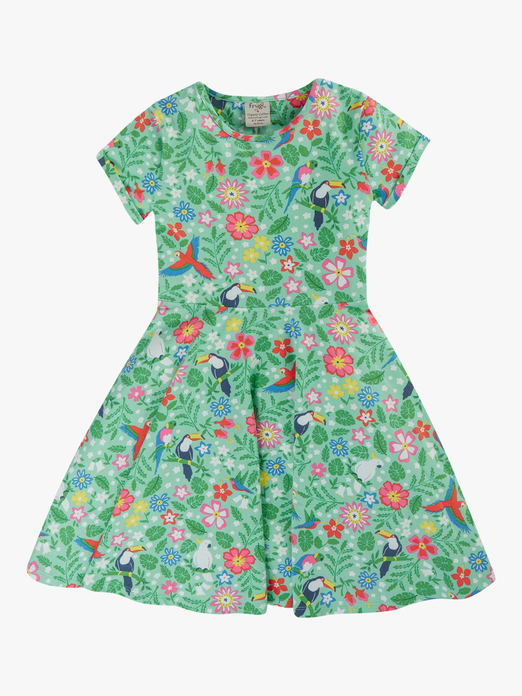Buy Frugi Kids' Organic Cotton Spring Tropical Birds Skater Dress, Green/Multi Online at johnlewis.com
