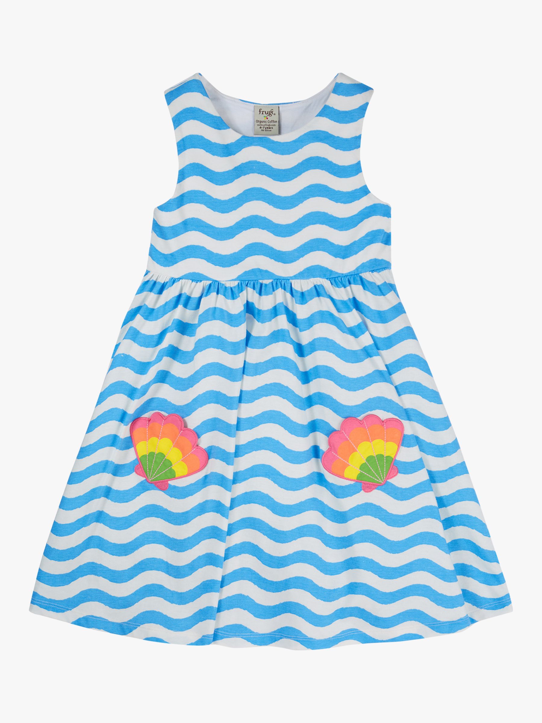 Frugi Kids' Samantha Organic Cotton Wave Stripe & Shell Summer Dress, Multi, 2-3 years