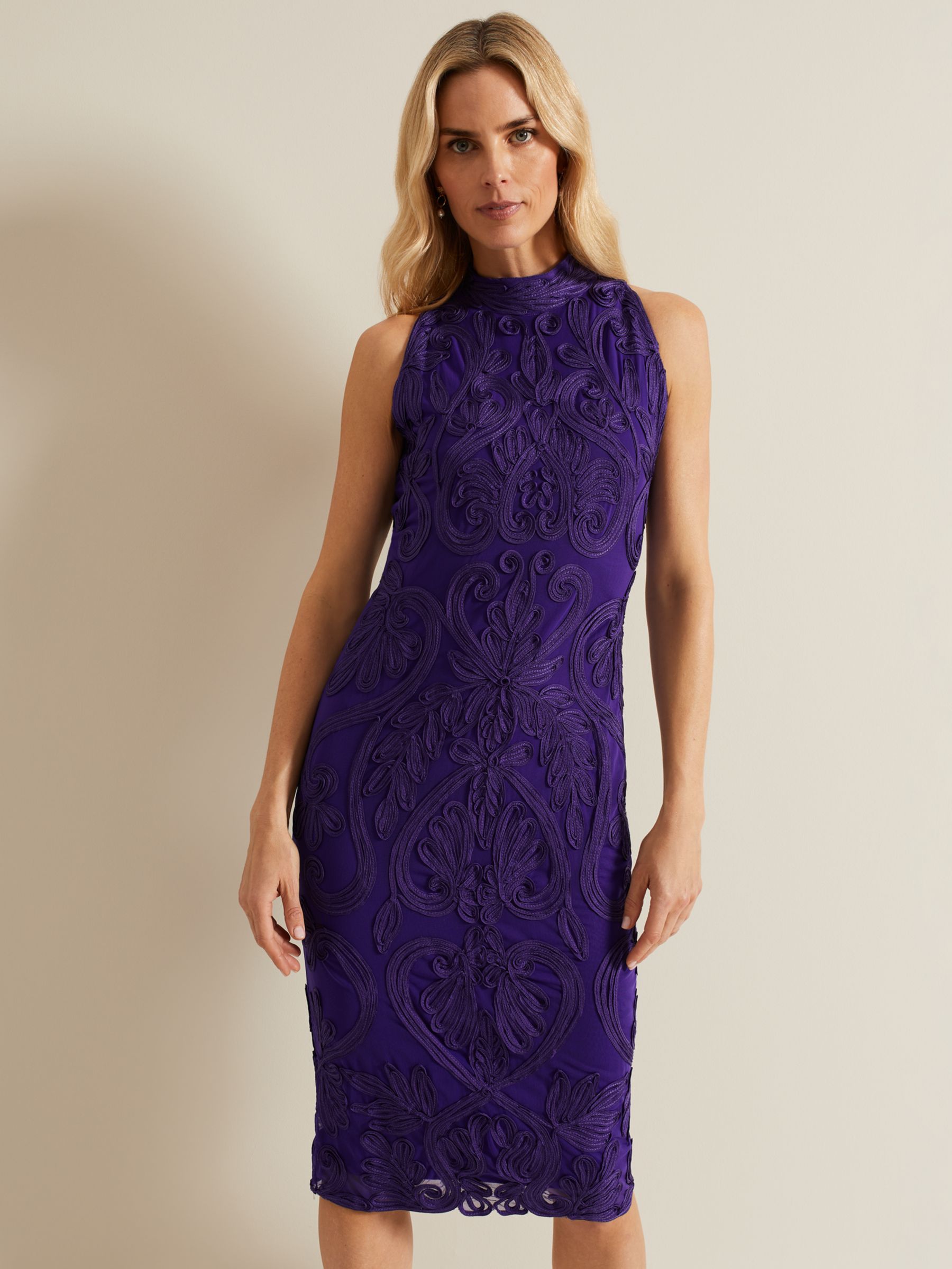 Phase Eight Andrea Tapework Dress, Violet, 6