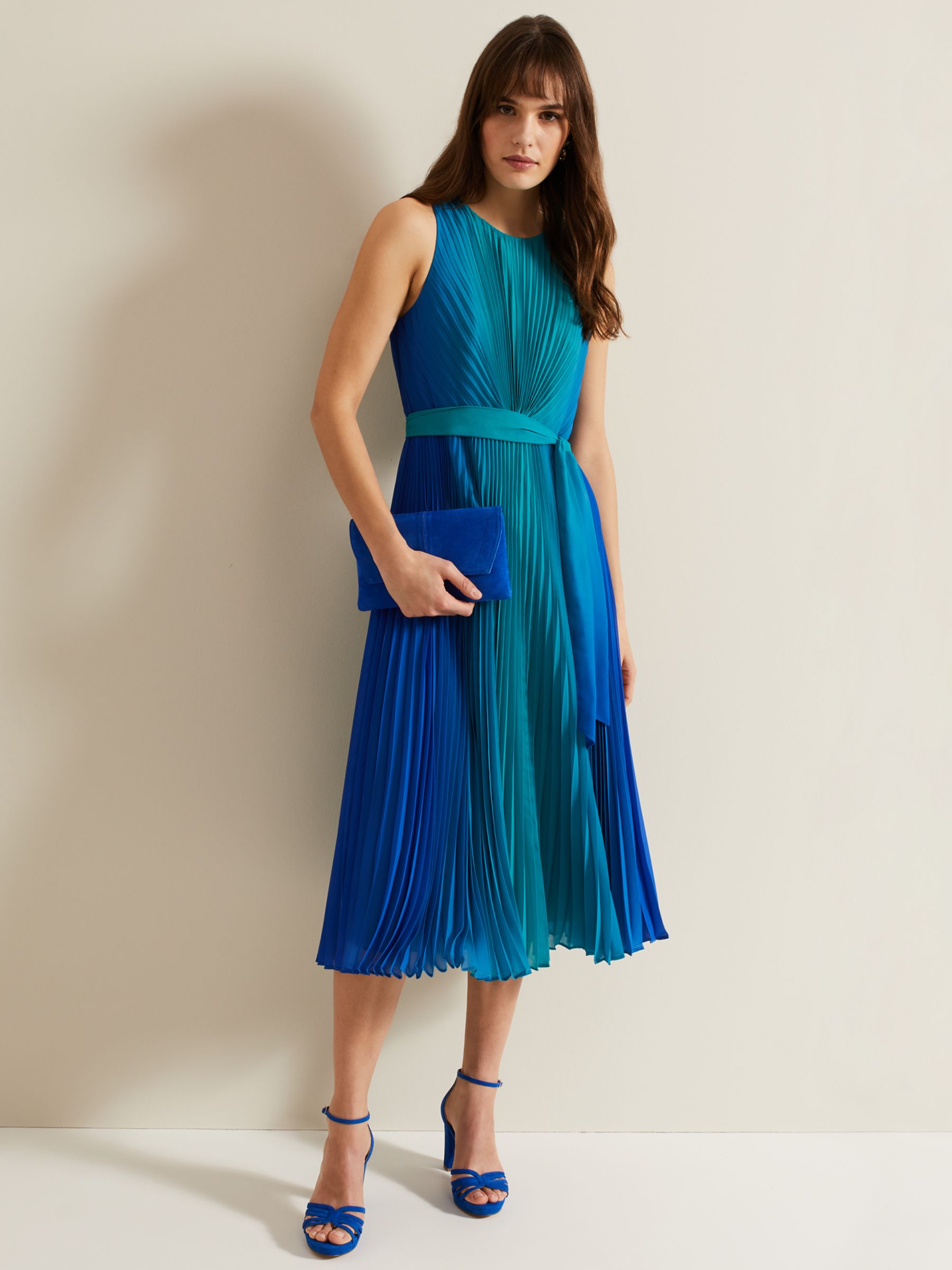 Phase Eight Simara Pleated Midi Dress, Blue/Green, 6