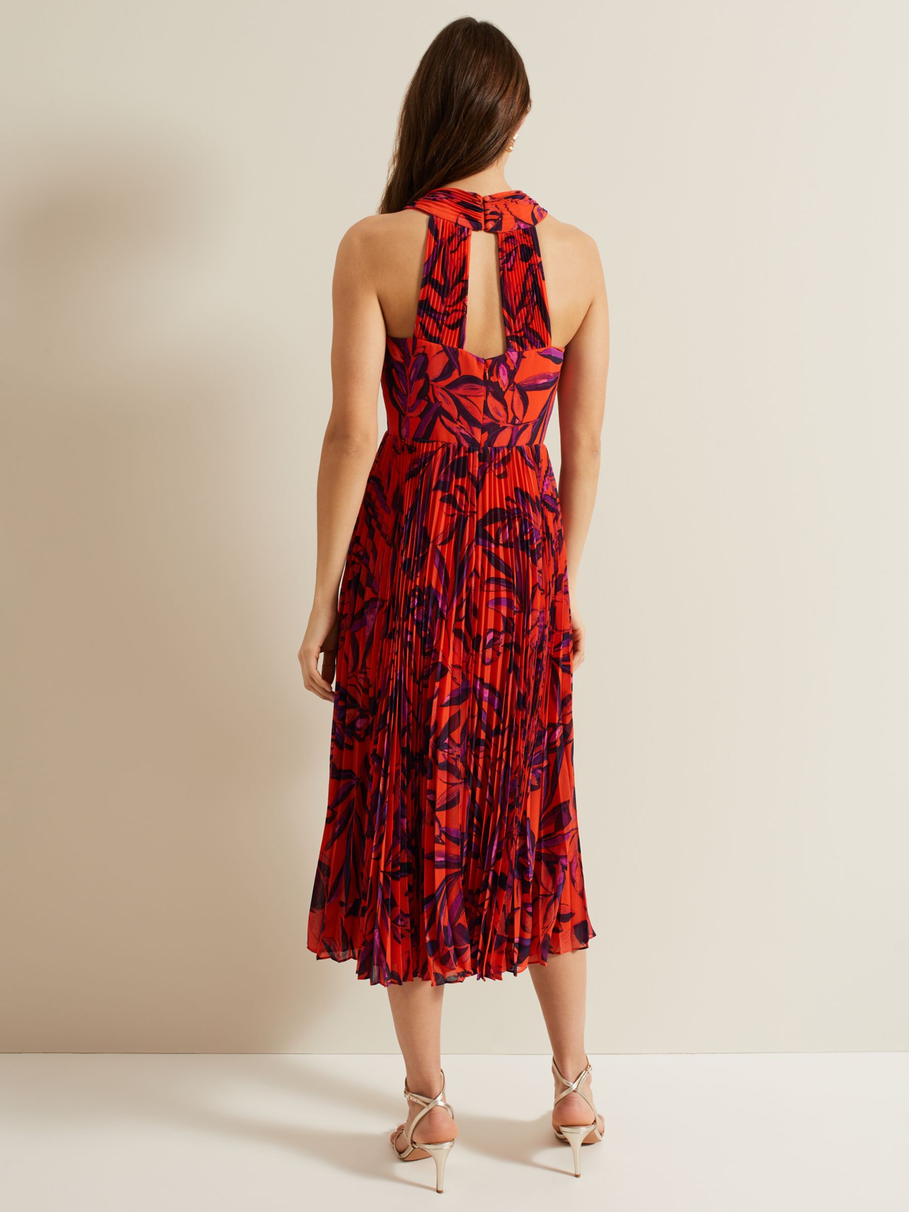Phase Eight Sorella Floral Print Pleated Midi Dress, Vermillion/Multi, 6