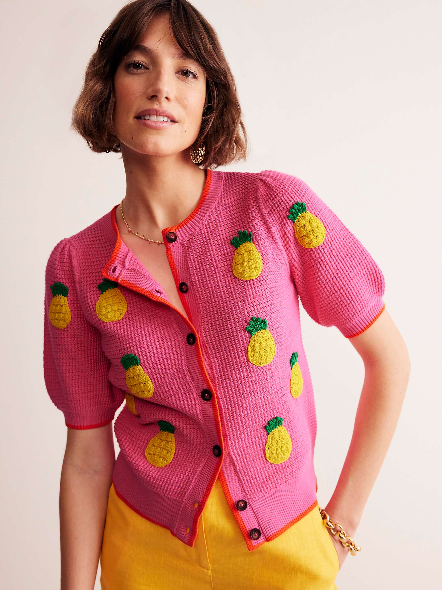 Buy Boden Embroidered Pineapples Short Sleeve Cardigan, Pink Online at johnlewis.com