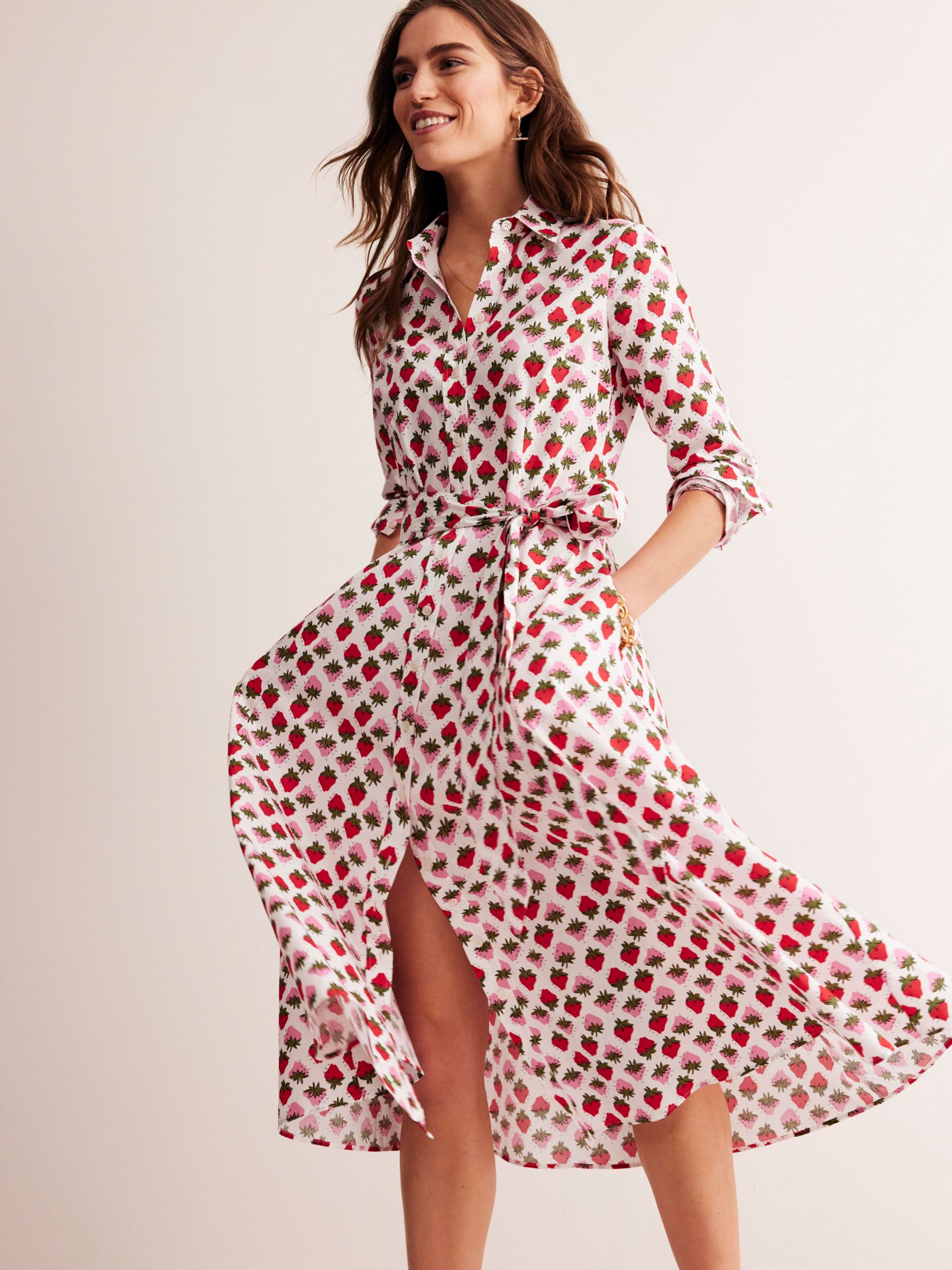 Boden Amy Strawberry Pop Shirt Dress, Ivory/Multi, 8