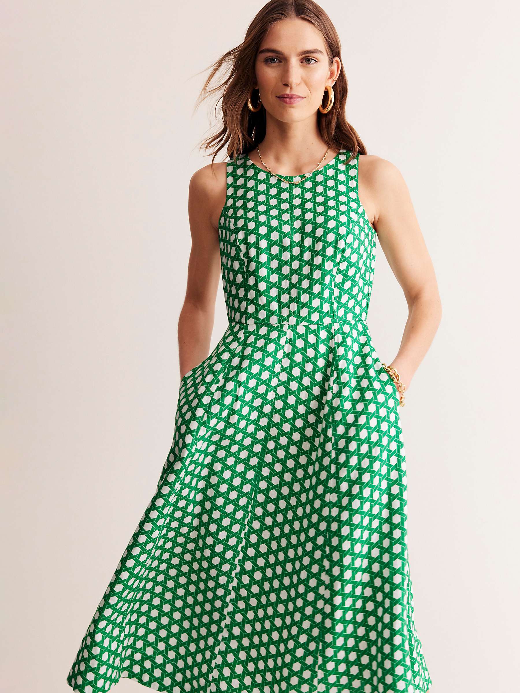 Buy Boden Carla Geometric Print Linen Midi Dress, Green/White Online at johnlewis.com