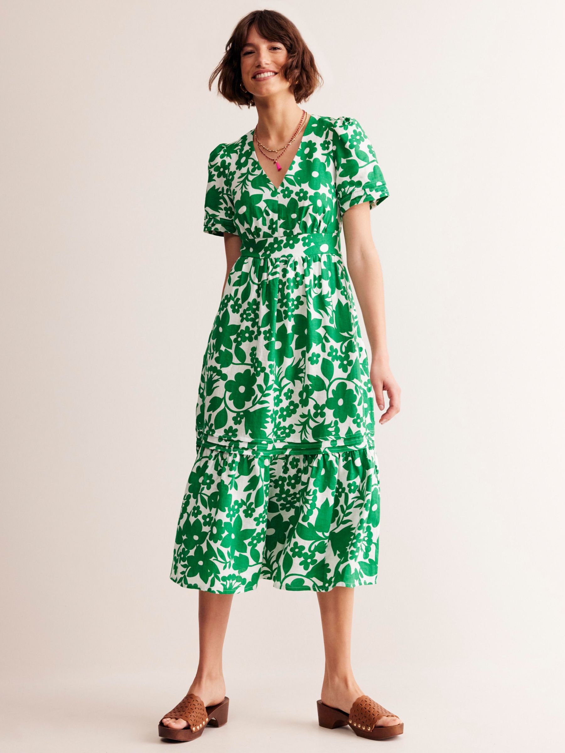 Boden Eve Tulip Garden Linen Midi Dress, Green