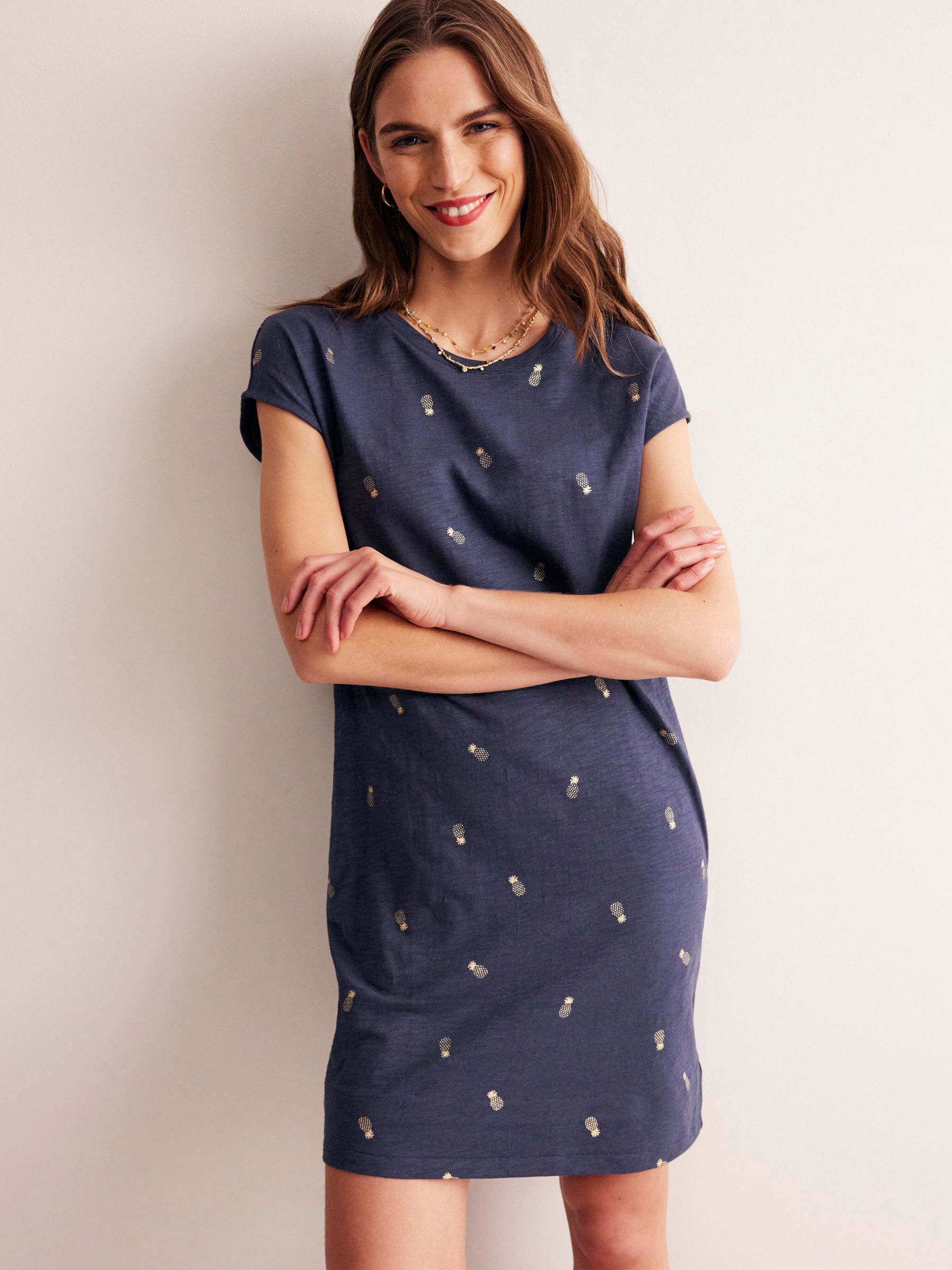 Boden Leah Pineapple Foil Print Jersey T-Shirt Dress, Navy, 8