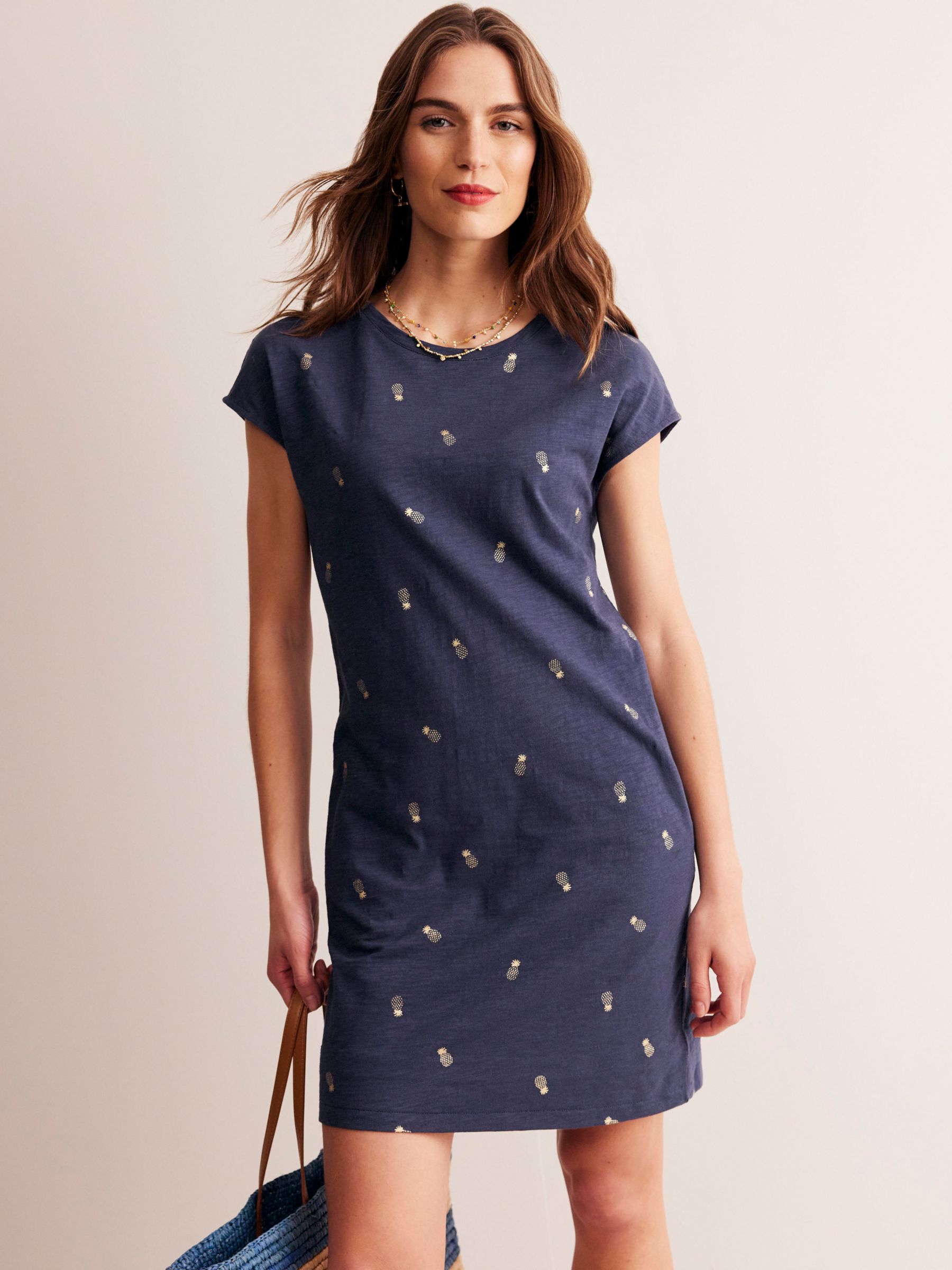 Boden Leah Pineapple Foil Print Jersey T-Shirt Dress, Navy, 8